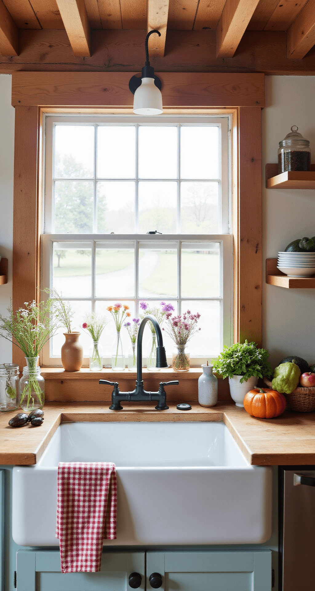 A cozy cottage kitchen featuring exposed wooden beams, illuminated by early morning light, showcasing pastel vintage enamelware, gingham tea towels over a farmhouse sink, mason jars with wildflowers on the windowsill, and warm wood countertops adorned with fresh produce.