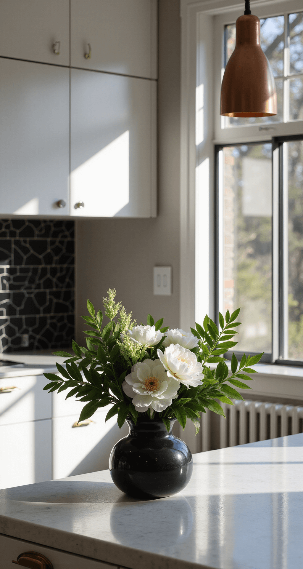 A contemporary open-concept kitchen featuring glossy white cabinets, a black hexagon tile backsplash, and a striking arrangement of monstera leaves and white peonies in a black ceramic vessel, illuminated by mid-morning light streaming through floor-to-ceiling windows. Copper accents add warmth, with the view captured from a corner angle.