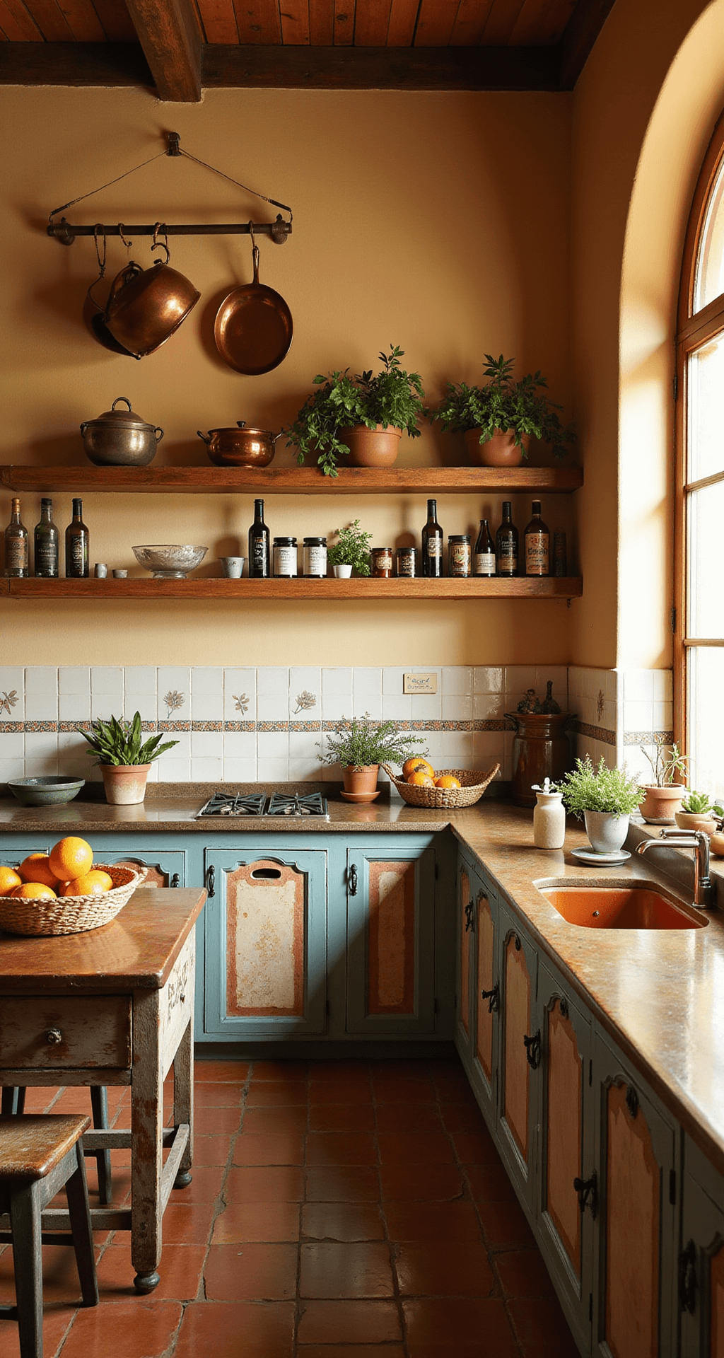 Cozy Mediterranean-style kitchen with terracotta tile floors, warm golden hour light, artisanal olive oils and fresh herbs on a rustic shelf, a woven basket of oranges on a distressed wooden table, and copper pots hanging from an overhead rack.