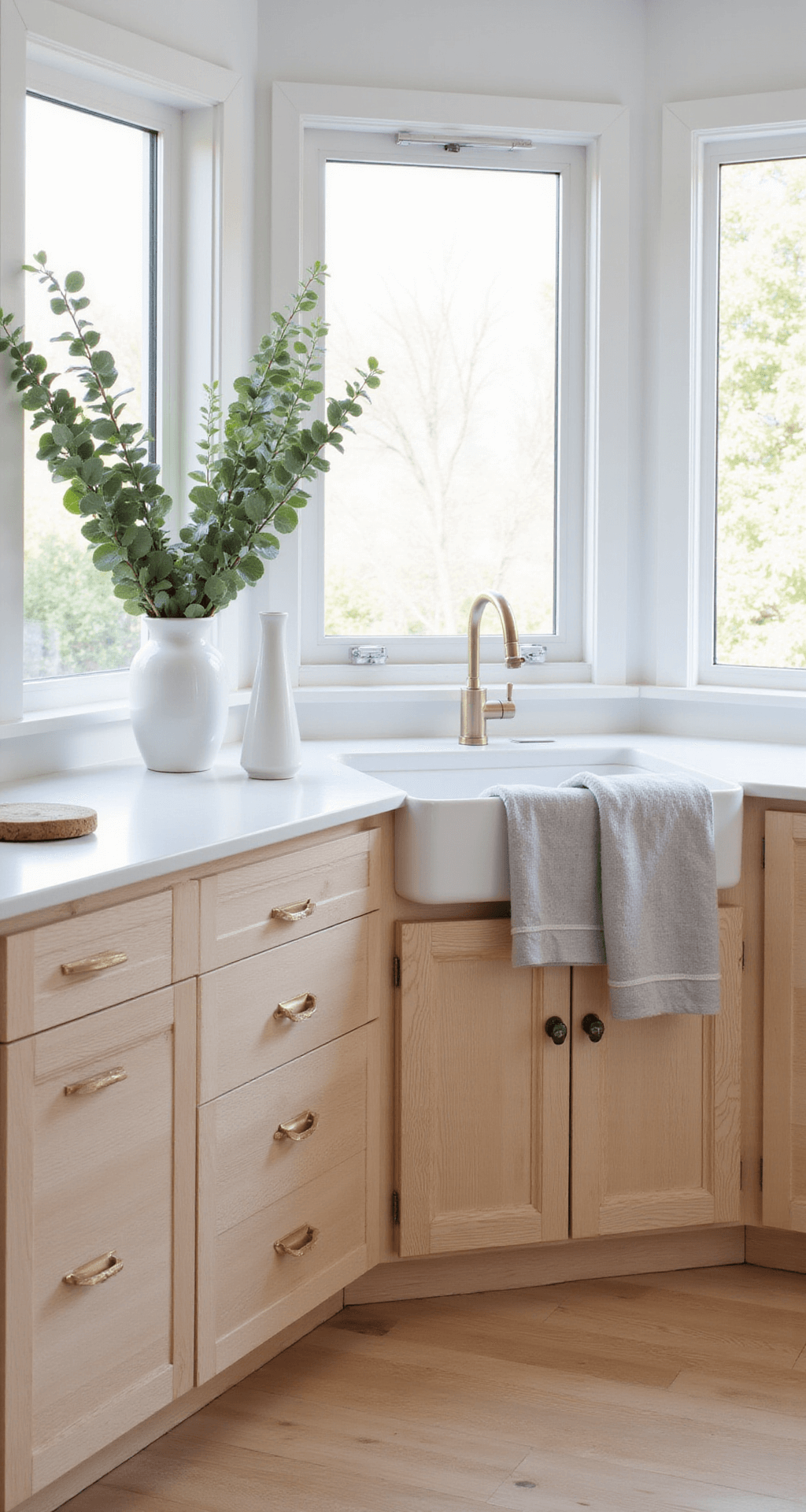 A Scandinavian-inspired kitchen featuring white oak floors, clean lines with pale wood cabinets and white countertops, diffused afternoon light through frosted windows, minimalist white ceramic vases with eucalyptus, and soft grey linen tea towels.