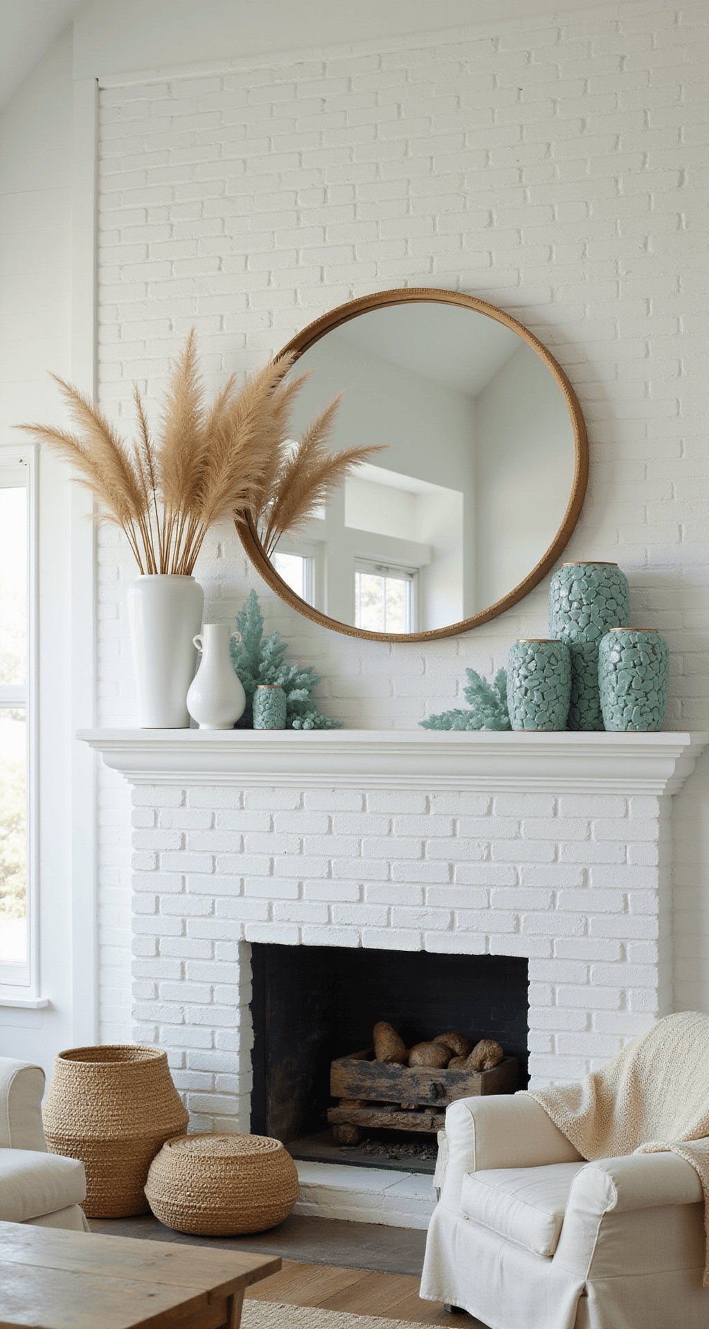Bright and airy coastal living room featuring a vaulted ceiling and floor-to-ceiling windows, showcasing a white brick fireplace styled with an oversized mirror and ceramic vases, complemented by blue-green sea glass and woven baskets, with a linen sofa and cream throws in the foreground.