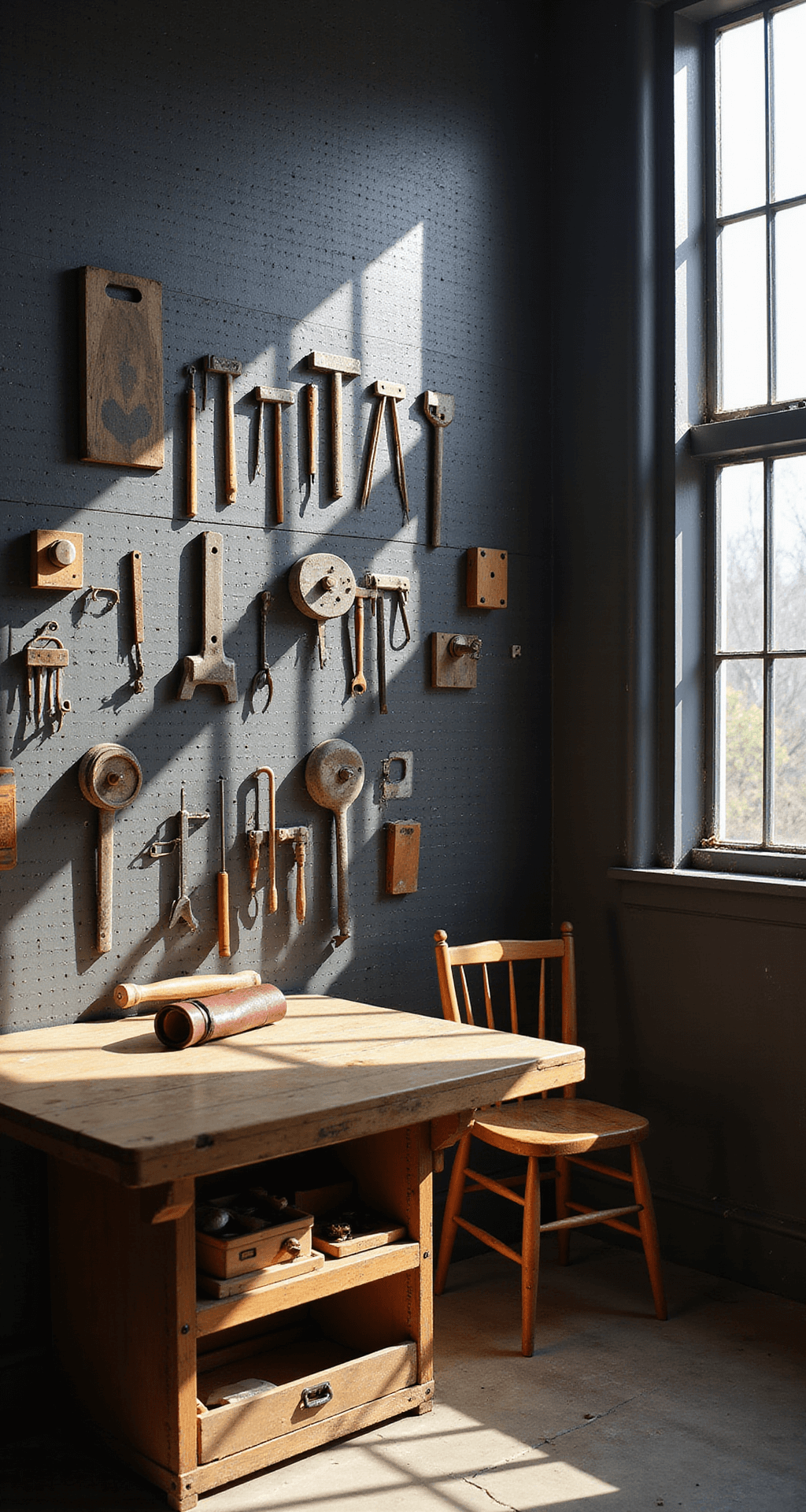 Interior photograph of a sunlit workshop featuring a deep charcoal gray pegboard wall, organized hand tools, and a vintage wooden workbench with a leather tool roll, illuminated by morning light from industrial windows.