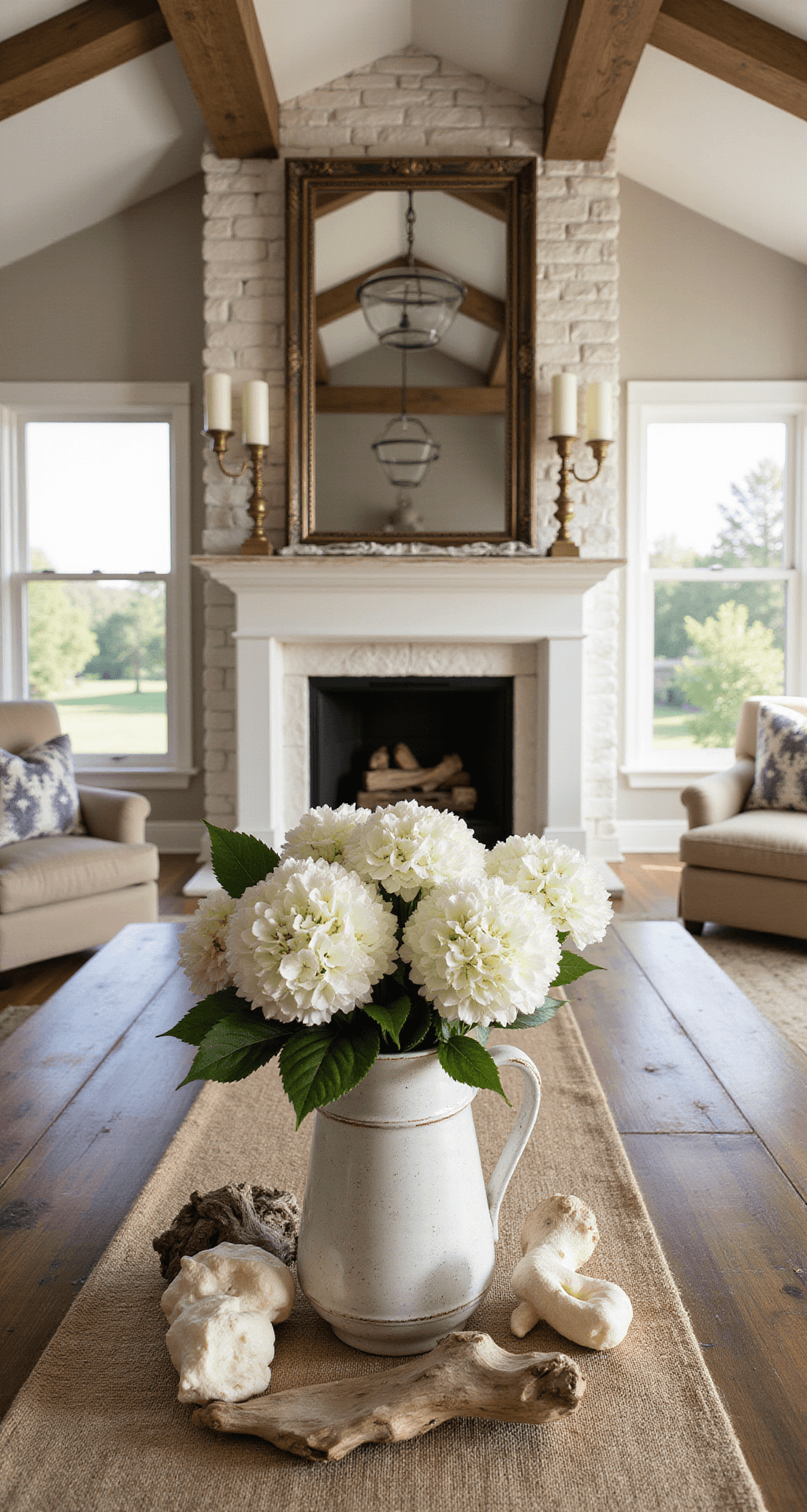 A modern farmhouse great room bathed in golden hour light, showcasing a high ceiling with exposed beams, a whitewashed stone fireplace with a vintage mirror, white hydrangeas in a ceramic pitcher, and a textured neutral runner, all captured in a low-angle shot to emphasize warmth and shadow contrasts.
