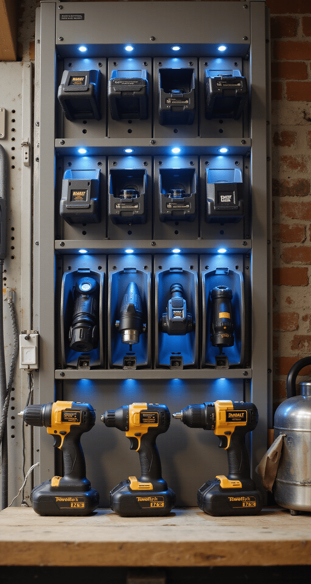 Close-up of a custom power tool storage station featuring a 6'x8' wall-mounted system with built-in LED lighting, organized battery slots with blue indicator lights, and modern cordless tools in designated holders, all illuminated by natural and cool LED accents, captured with a shallow depth of field.