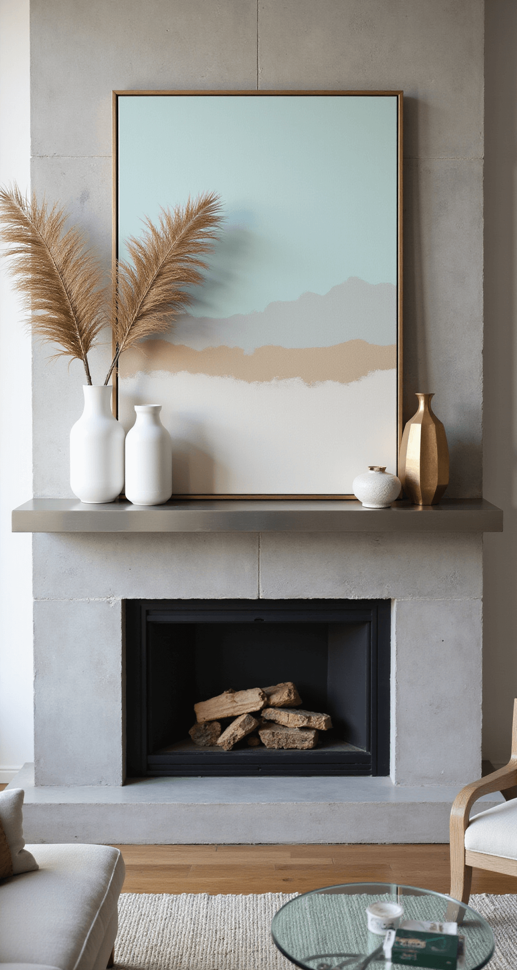 A contemporary urban loft featuring an industrial-style fireplace with a concrete surround and metal mantel, adorned with a large abstract canvas in seafoam and sand tones. Minimalist decor includes sleek white ceramic vessels filled with dried palm fronds and geometric brass objects. Ghost chairs and a glass coffee table are reflected in the scene, illuminated by natural side lighting for a clean, sophisticated summer aesthetic.