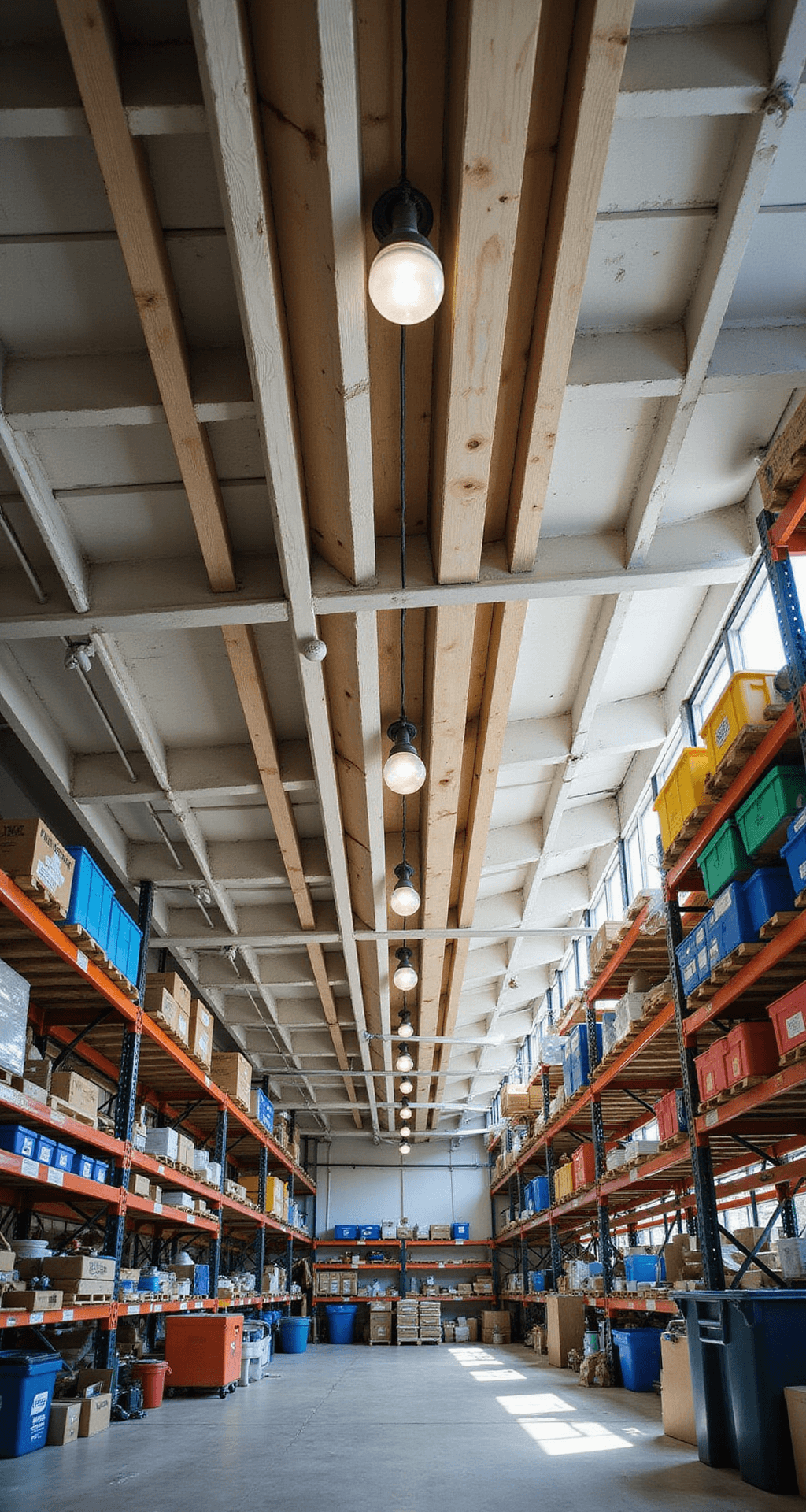 Wide-angle view of a workshop ceiling storage system featuring white wooden beams, heavy-duty racks, long lumber, and plastic bins stored overhead, with afternoon sunlight casting dramatic shadows and industrial pendant lights hanging at varying heights.