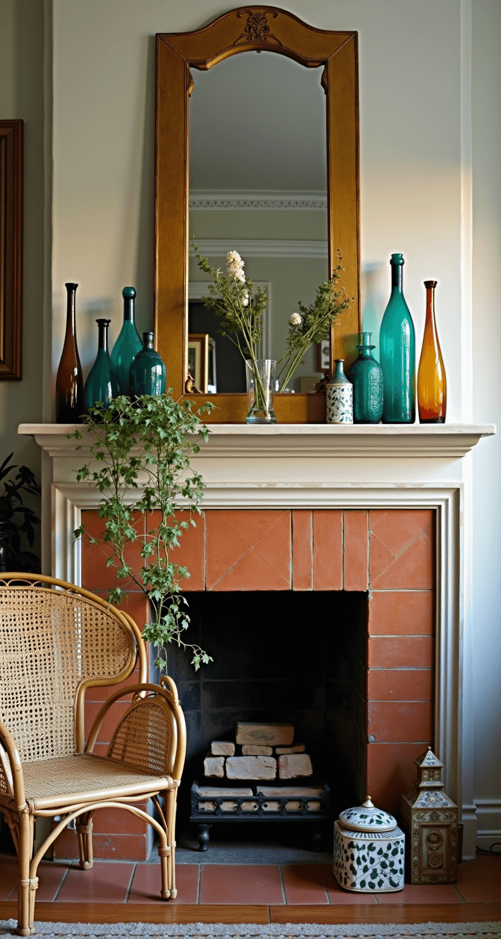 A warm Bohemian living space during golden hour, featuring a vintage 1920s fireplace with ornate tiles, eclectic decor including a gilded mirror, colored glass vases, and a jasmine vine, illuminated by moody natural light and accent lights, with a rattan peacock chair and global touches like Moroccan lanterns and mother of pearl inlay boxes.