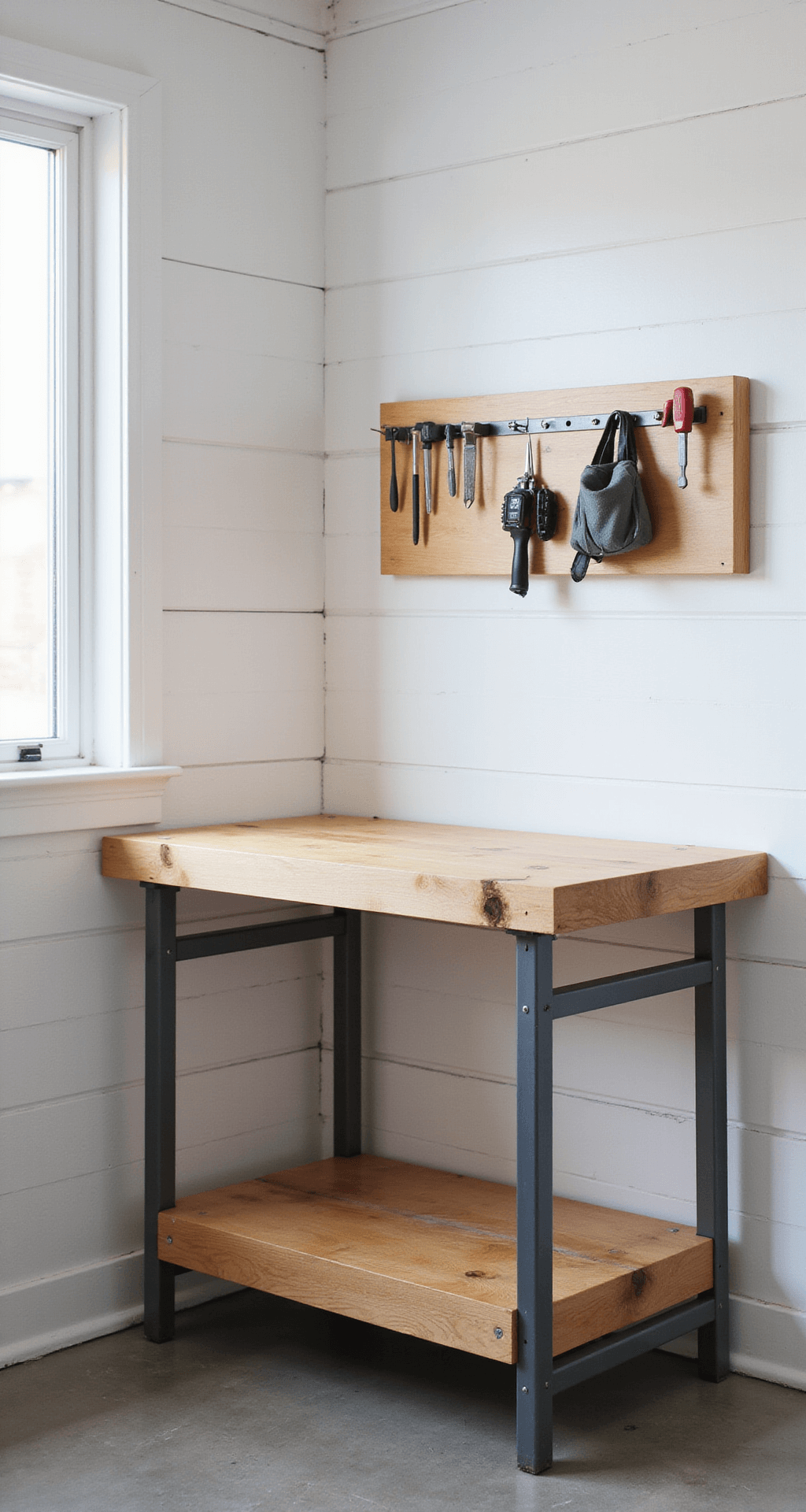 Close-up of a compact workshop corner with a fold-away butcher block workbench and steel frame against white shiplap walls, featuring magnetic tool strips. The image showcases beautiful bokeh with natural light highlighting the workspace.