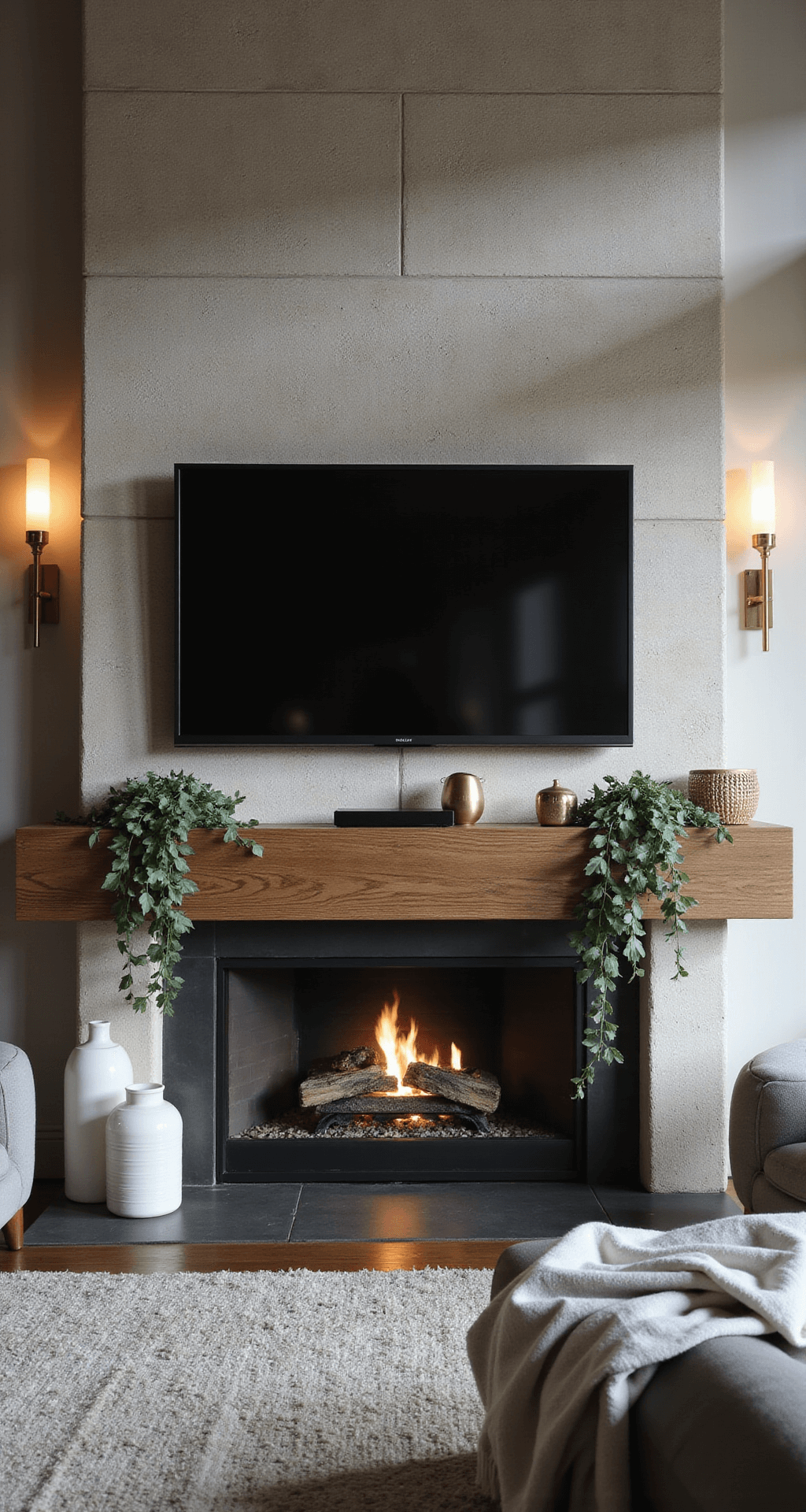Dramatic dusk interior featuring a stone fireplace with a floating wooden mantle, a large TV, brass sconces, minimalist decor elements, and a warm color palette.