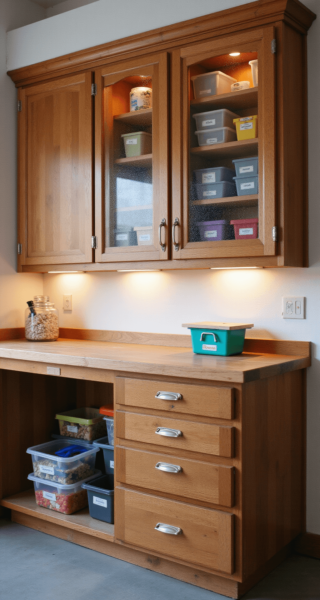 Lifestyle workshop featuring a well-organized storage system with custom maple cabinets and frosted glass doors illuminated by LED lighting. Color-coded drawer pulls and bins are visible. The scene is captured during golden hour, showcasing warm natural light blending with cool cabinet lighting, emphasizing the contrast between rich wood tones and white walls.