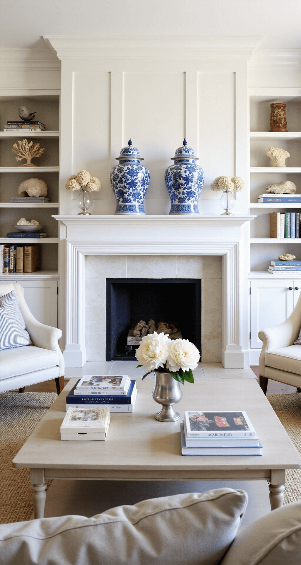 A bright and elegant Hamptons-style family room featuring a classic white paneled fireplace wall with built-in shelving, oversized blue and white ginger jars, coral specimens on lucite stands, and striped linen-bound coffee table books. Fresh white peonies are arranged in a silver trumpet vase, complemented by textured grasscloth wallpaper. The scene is captured in wide angle with symmetrical built-ins and soft lighting, embodying refined coastal elegance.