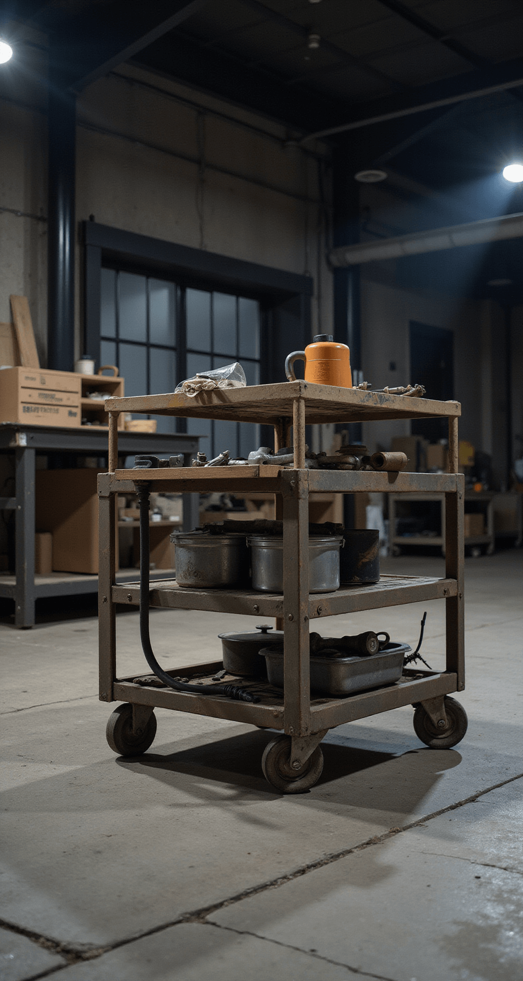 Dynamic mobile workshop cart with organized tool sets on polished concrete floor, illuminated by overhead lights in a moody atmosphere, captured in motion at f/5.6 for sharpness.