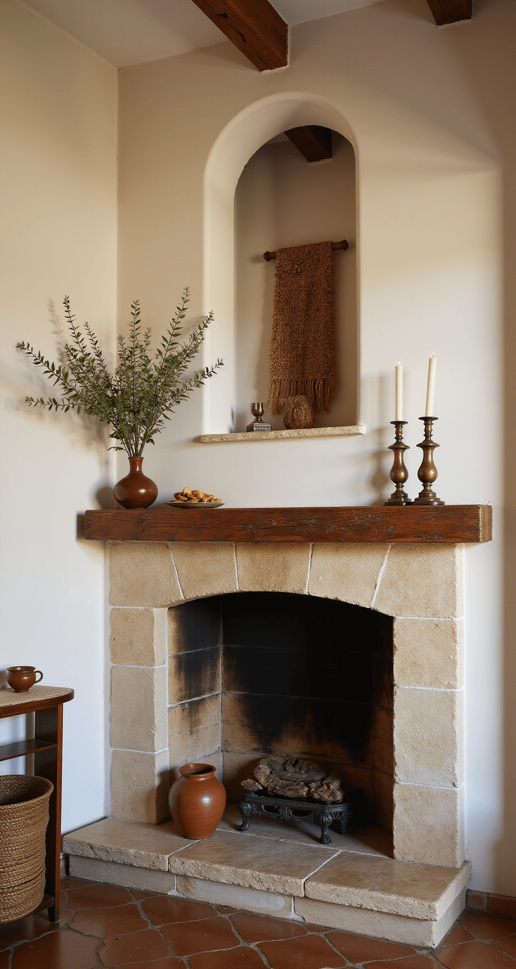 A cozy Mediterranean villa living room featuring a limestone fireplace with a curved opening, rustic wooden mantel, terracotta vessels with olive branches, vintage brass candlesticks, and a handwoven textile art piece. Wrought iron accents and woven rush baskets are visible beneath, alongside terracotta floor tiles. The image captures depth and architectural details with warm, organic summer sophistication in natural side lighting.