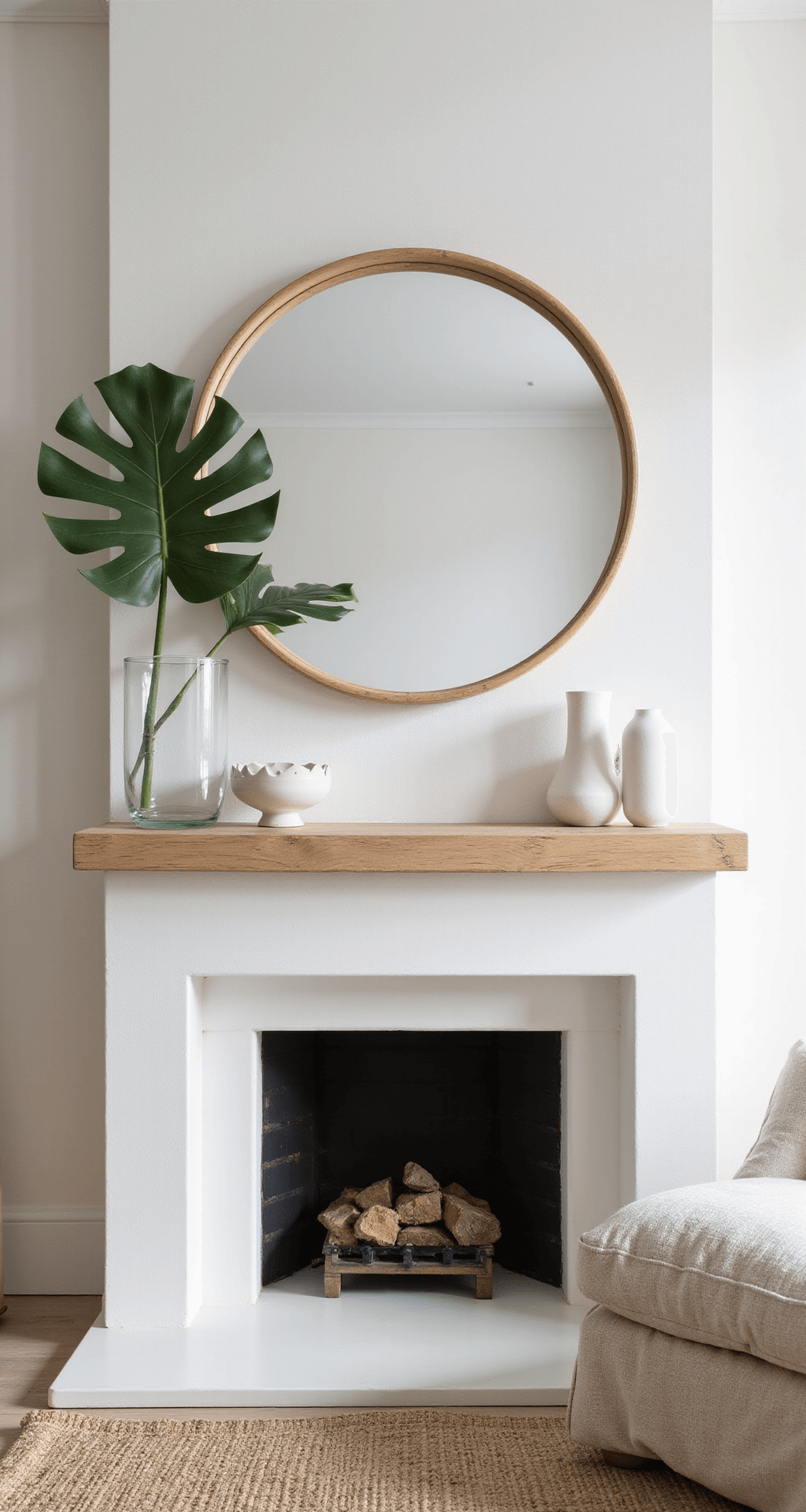 A Scandinavian modern living room featuring a minimalist white fireplace with a blonde wood mantel, an oversized round mirror, white ceramic sculptures, and a single monstera leaf in a clear vase, complemented by a natural fiber rug and pale linen upholstery, all illuminated by diffused midday light.