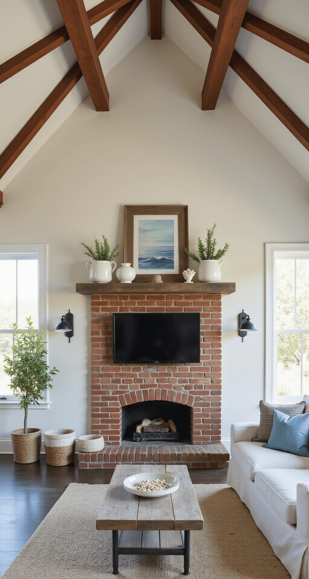 Bright corner living room with cathedral ceiling and exposed beams, featuring a painted brick fireplace with a rustic wood mantle, coastal artwork on a Frame TV, and summer decor including white ceramic lanterns and potted olive trees, accented by wicker baskets and linen-wrapped vases in a palette of whites, soft blues, and natural woods, captured during golden hour with soft box lighting.