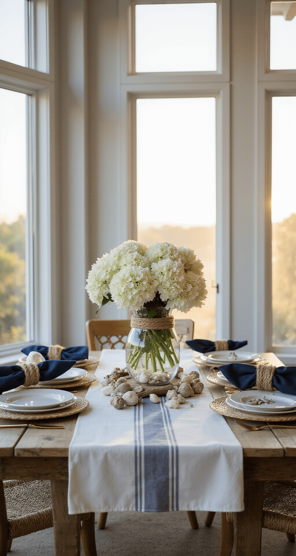 A bright dining room with large windows features a teak table set with nautical-themed place settings and a centerpiece of hydrangeas, shells, and driftwood, captured in warm golden hour light with soft depth of field.