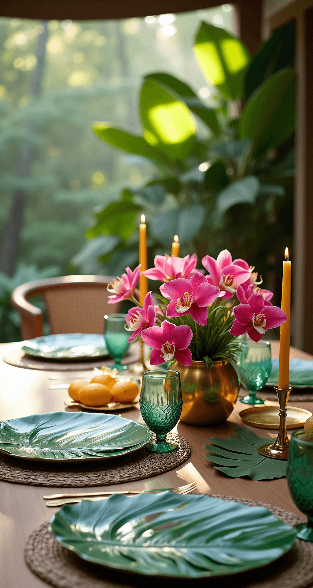 Close-up view of a tropical outdoor dining table with monstera leaf chargers, clear glass plates, a vibrant centerpiece of pink orchids and birds of paradise, woven palm leaf placemats, gold-rimmed glassware, and scattered citrus fruits, all captured in dappled sunlight on a covered veranda.
