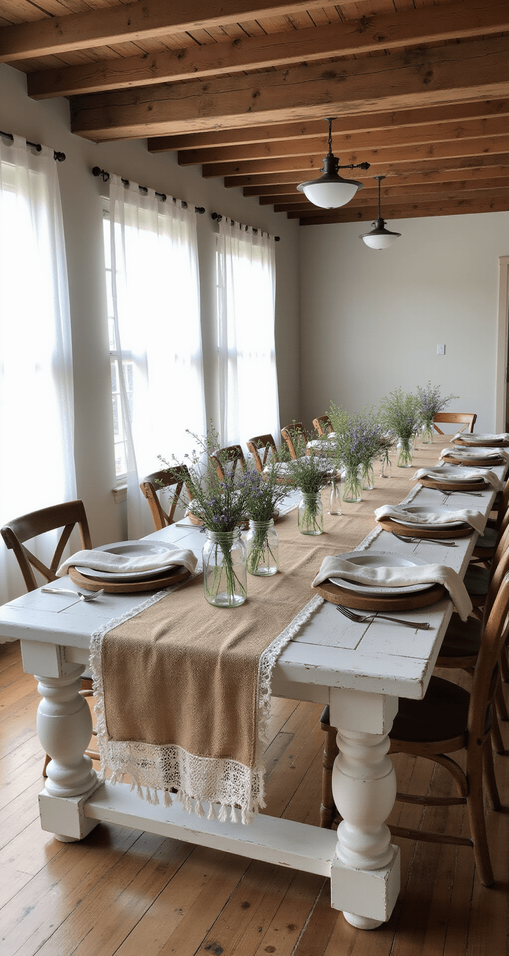A cozy farmhouse dining space at sunrise, featuring a distressed white oak harvest table adorned with a burlap and lace runner, mason jars filled with wildflowers, vintage milk glass plates on wooden chargers, and soft cream linen napkins, all bathed in warm morning light filtering through sheer curtains.