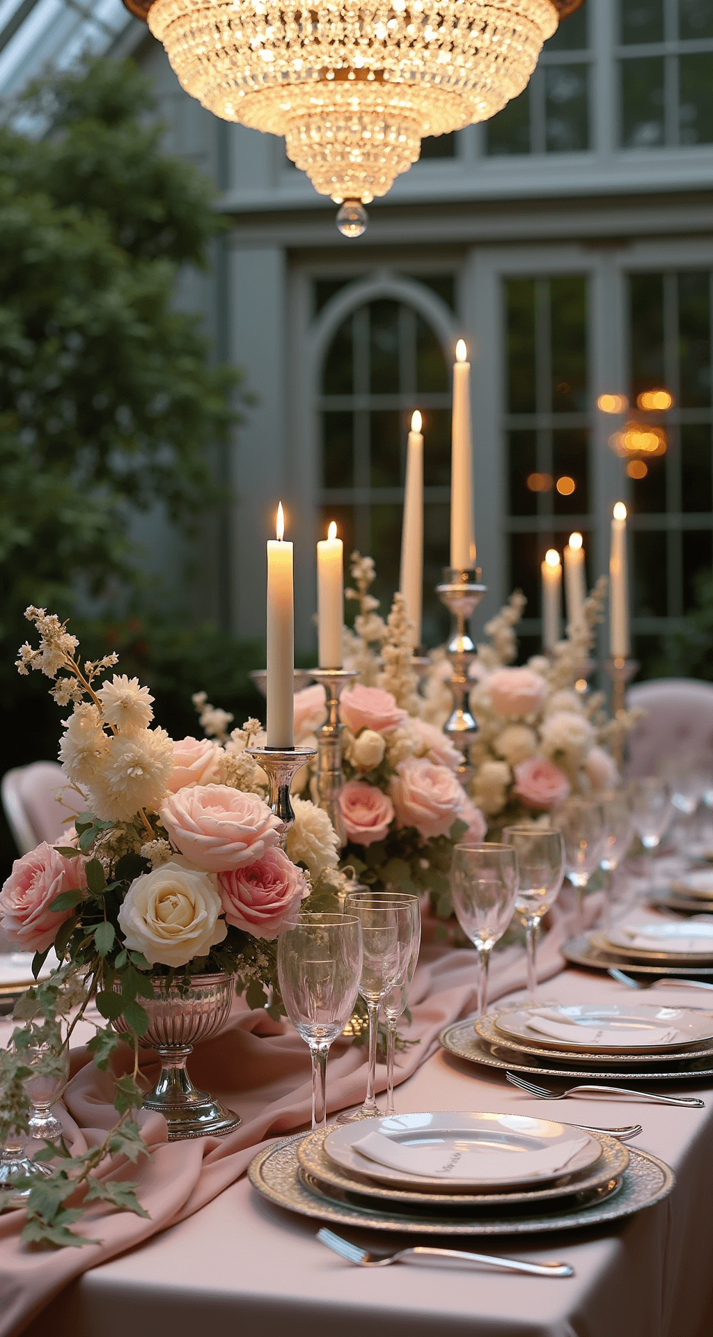 A luxurious garden party setting in a conservatory at dusk, featuring a glass-topped table adorned with blush pink silk and elegant place settings, surrounded by lush floral arrangements and illuminated by a crystal chandelier.