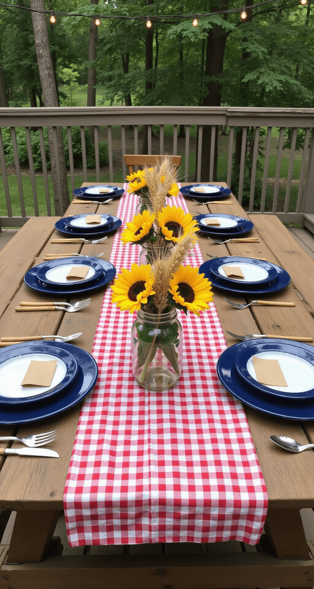 A casual outdoor BBQ scene on a wooden deck features a rustic picnic table covered with a red gingham tablecloth, adorned with mason jar centerpieces filled with sunflowers and wheat stalks. Navy blue enamelware plates and bamboo utensils add to the charm, with kraft paper place cards completing the setup. String lights hang overhead, creating a whimsical atmosphere. The image captures the laid-back symmetry in a vibrant palette of red, navy blue, sunflower yellow, and kraft brown.