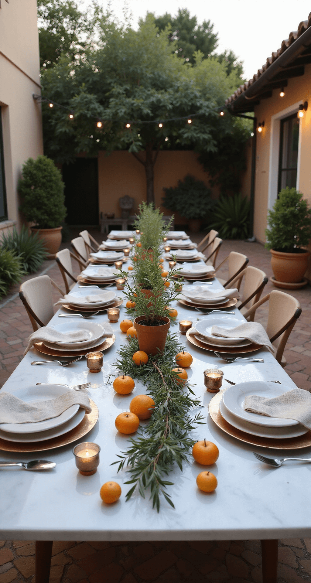 A serene modern Mediterranean dining setup in a twilight courtyard, featuring a long marble table adorned with olive branches and citrus fruits, complemented by white ceramic plates and copper chargers. Terracotta herb pots and mercury glass votives add charm to the scene, all captured in warm evening light.