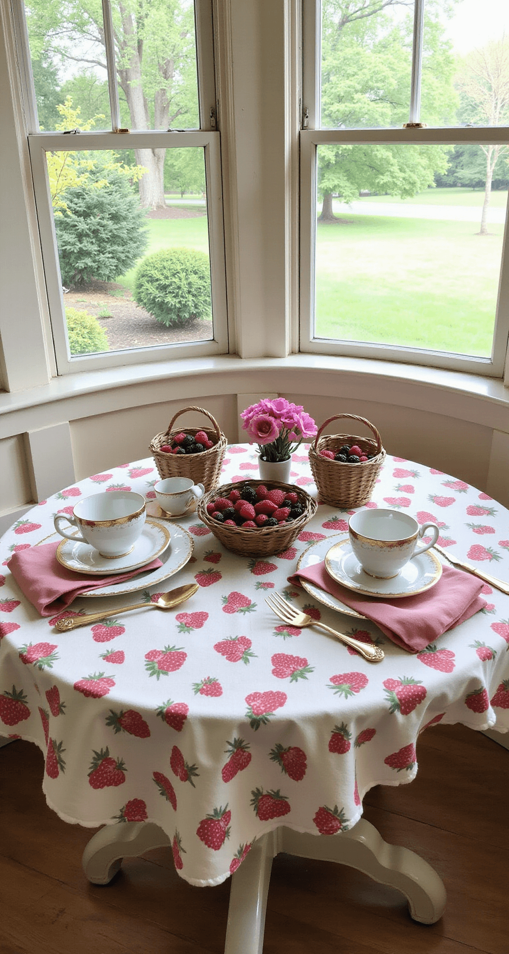 A cozy breakfast nook at dawn featuring a round bistro table with a strawberry-patterned vintage tablecloth, surrounded by bay windows. The table is adorned with garden-fresh berry baskets and bud vases of sweet peas, with settings of scalloped edge plates, gold-rimmed teacups, and pink linen napkins. Soft morning light casts gentle shadows, highlighting a palette of berry reds, blush pink, cream, and gold accents.