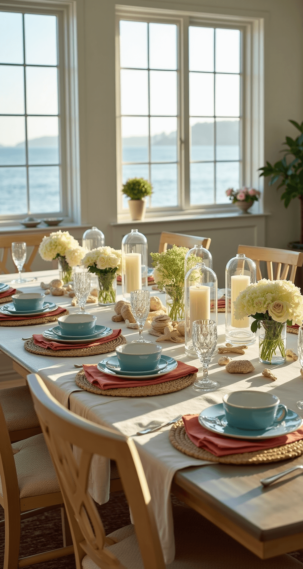 Sunlit dining room with floor-to-ceiling windows featuring a 10-seat weathered oak table dressed in white linen, ocean-blue plates, coral napkins, and a centerpiece of glass hurricanes with candles, surrounded by seashells and driftwood. Fresh hydrangeas and garden roses in glass vases add depth, while natural light casts soft shadows in an airy, elegant coastal atmosphere.