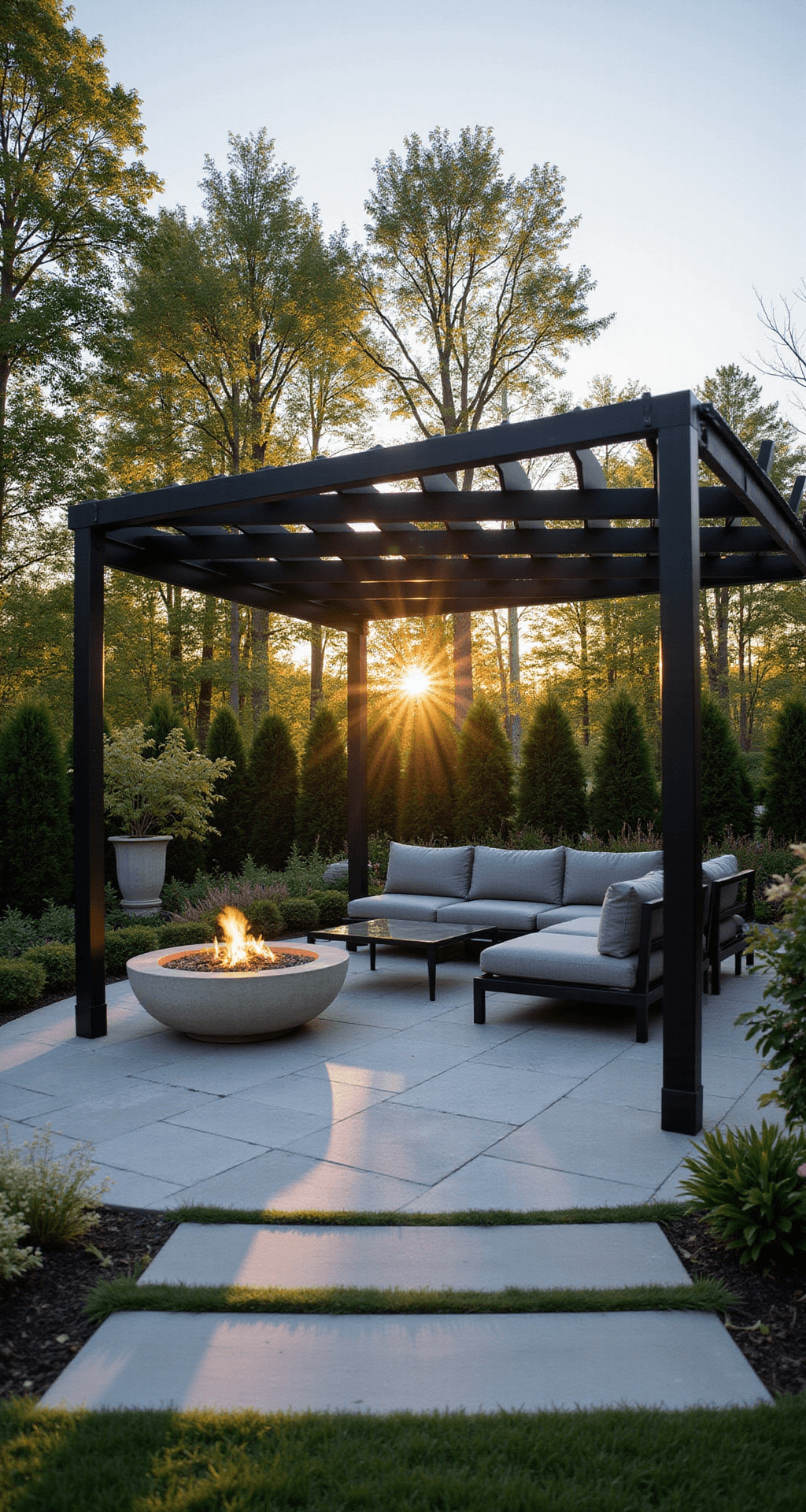 A spacious backyard patio featuring a sleek black aluminum pergola at golden hour, with minimalist design, modern grey seating, and a glass coffee table, illuminated by warm light and a nearby fire pit, showcasing intricate shadows and inviting ambiance.