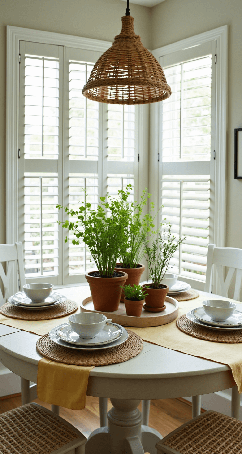 Intimate breakfast nook with bay window, morning light filtering through white plantation shutters, featuring a round pedestal table with a vintage yellow and white striped tablecloth, mixed white pottery, sand-toned linen napkins, rattan chargers, and a centerpiece of potted Mediterranean herbs in terracotta pots. A woven pendant light hangs above, creating a fresh, garden-inspired atmosphere.