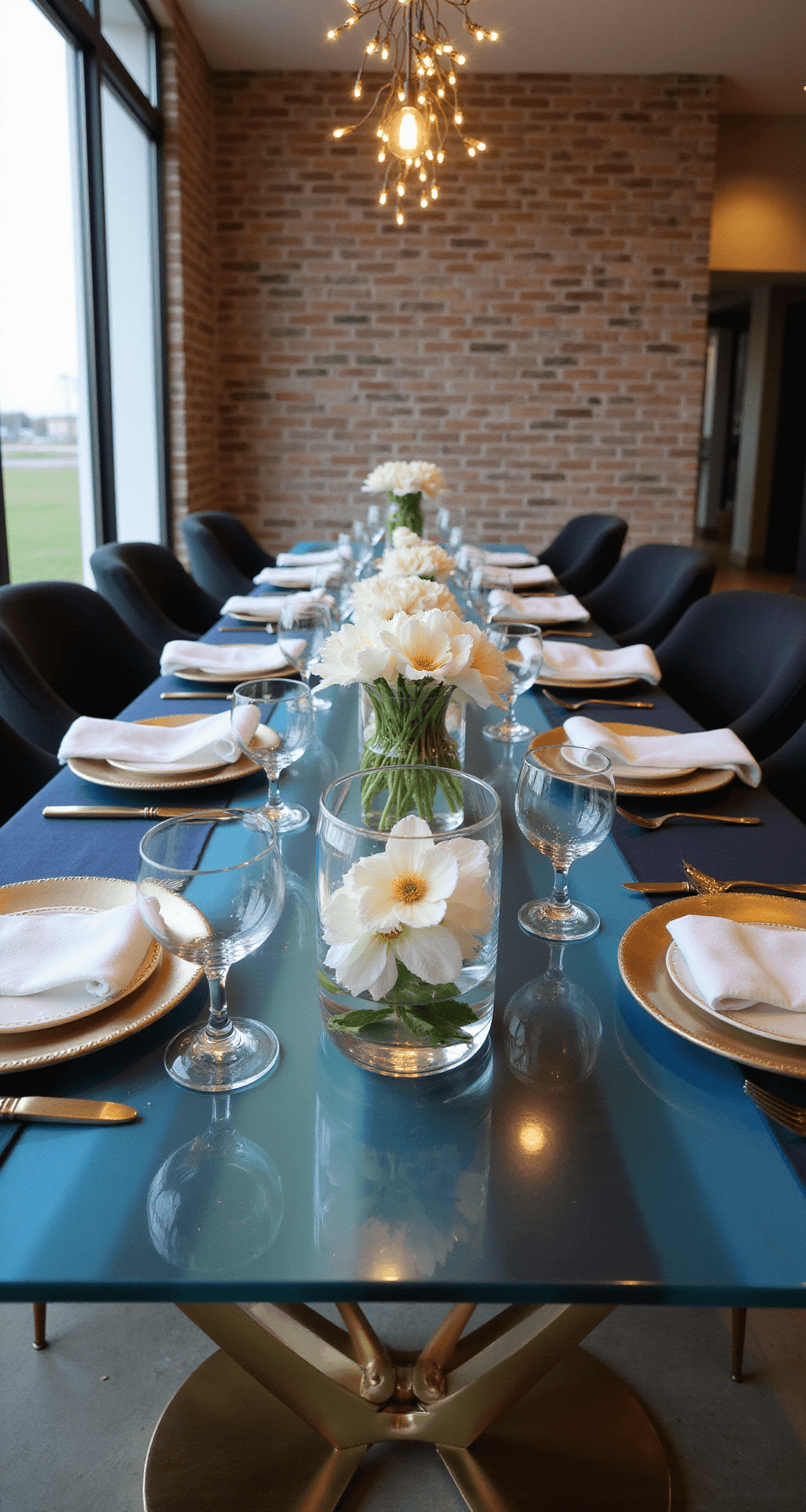 A modern open-concept dining space featuring an exposed brick wall, illuminated by soft magic hour lighting. A glass-top table with a brass base is elegantly set with ombré blue linens, white china with gold rims, azure glass chargers, and white linen napkins in mother-of-pearl rings. A dramatic centerpiece showcases floating gardenias in clear cylinder vases of varying heights. Fairy lights overhead add an ambient glow, shot from a low angle to emphasize the table's length and the enchanting blooms, evoking a sophisticated summer evening atmosphere.