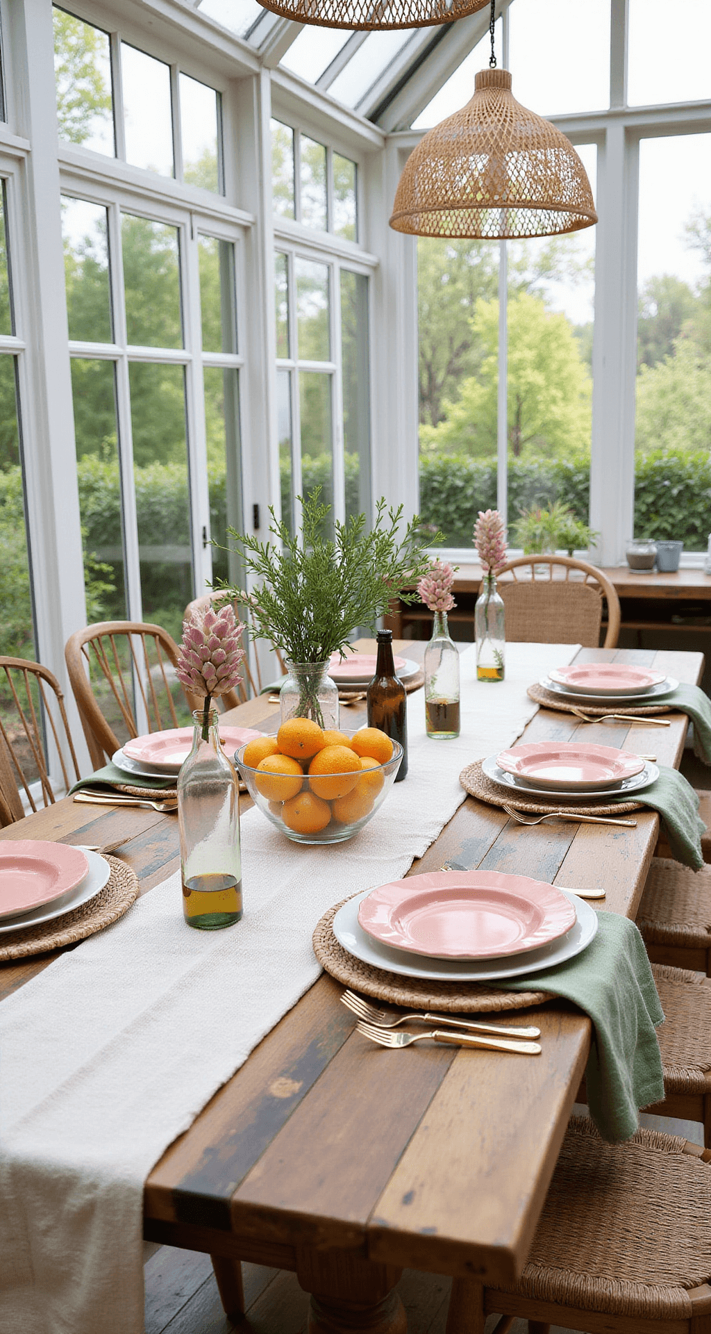 Light-filled conservatory dining space with greenhouse-style ceiling, featuring a farmhouse table set with handmade ceramic plates, natural fiber placemats, and sage green napkins. A centerpiece of citrus fruits and olive branches is surrounded by vintage bottles with proteas. Rattan pendant lights hang overhead, all captured at a 45-degree angle.