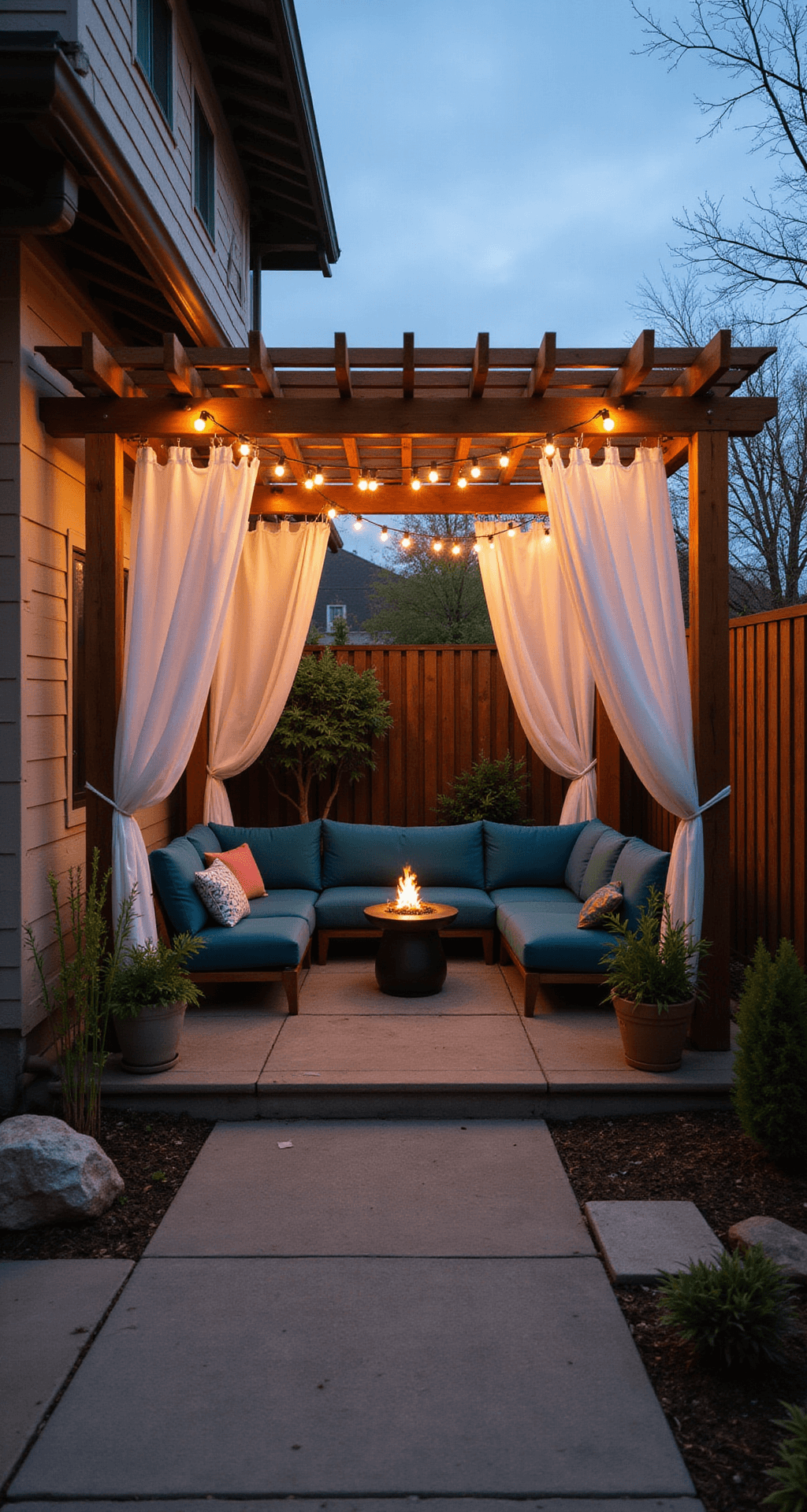 Cozy twilight patio featuring a warm-toned wood pergola with Asian influences, sheer white curtains, a deep teal outdoor sectional, modern fire table, Edison bulb strings, potted bamboo, and a small rock garden, viewed from ground level.