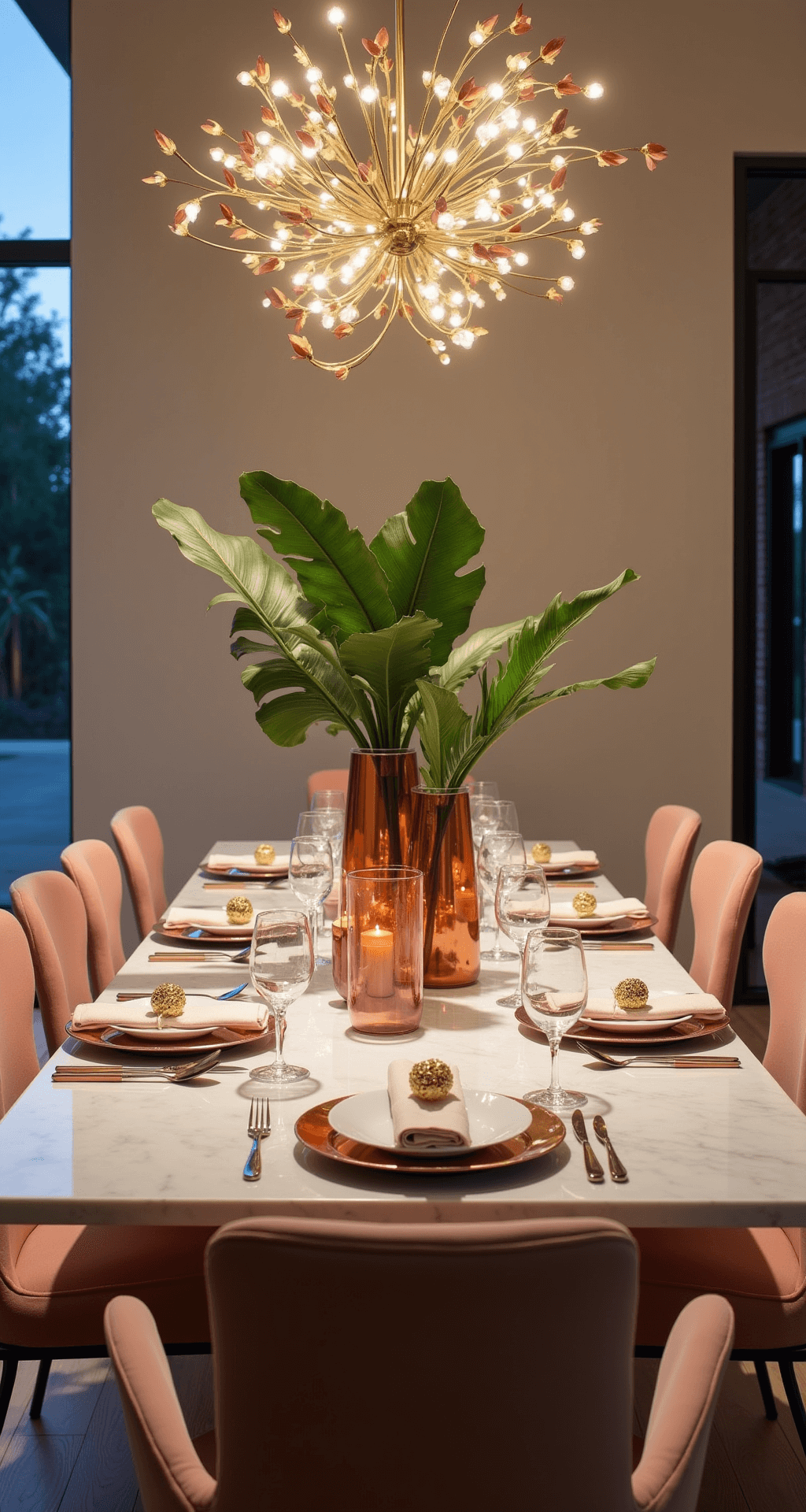 A contemporary dining room featuring a statement chandelier and sleek marble table set with gradient pink to peach linens, accented by white porcelain dishware, rose gold chargers, and blush metallic napkin rings. A centerpiece of tropical leaves and king proteas in tall glass vessels is complemented by copper votives. The room is softly lit with diffused overhead lighting, creating a tropical luxe ambiance, captured from the entrance doorway.