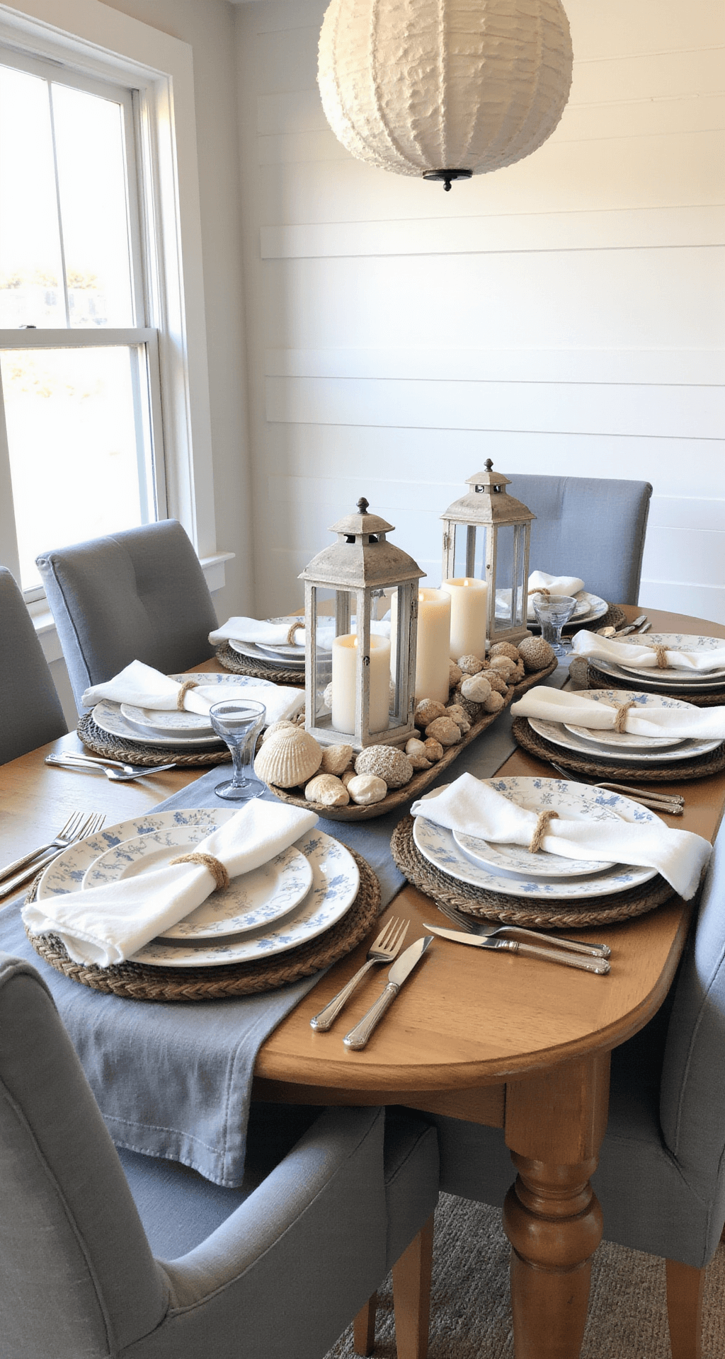 Coastal dining space featuring white shiplap walls, an oval teak table with a blue-grey linen tablecloth, hand-painted nautical plates, rope-detailed chargers, and jute-tied white linen napkins, adorned with weathered lanterns and seashells, illuminated by a Capiz shell chandelier, all captured at table height.