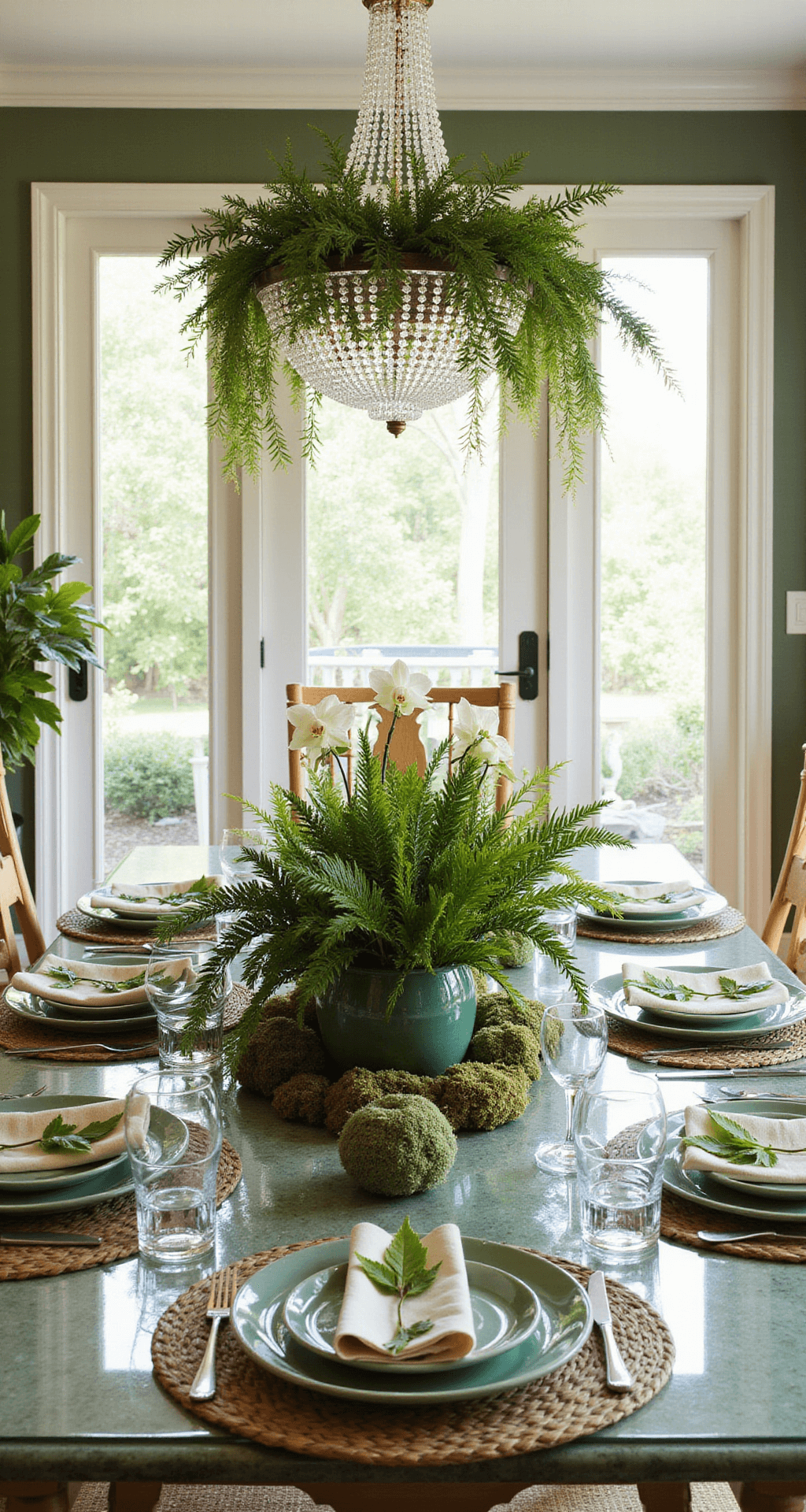 Garden-inspired dining room with French doors, featuring a glass-top table on an antiqued mirror base, set with botanical print tablecloth and mixed place settings. Lush centerpiece of ferns, moss, and orchids, with a crystal chandelier draped in vines, capturing enchanting indoor/outdoor flow in late morning light.