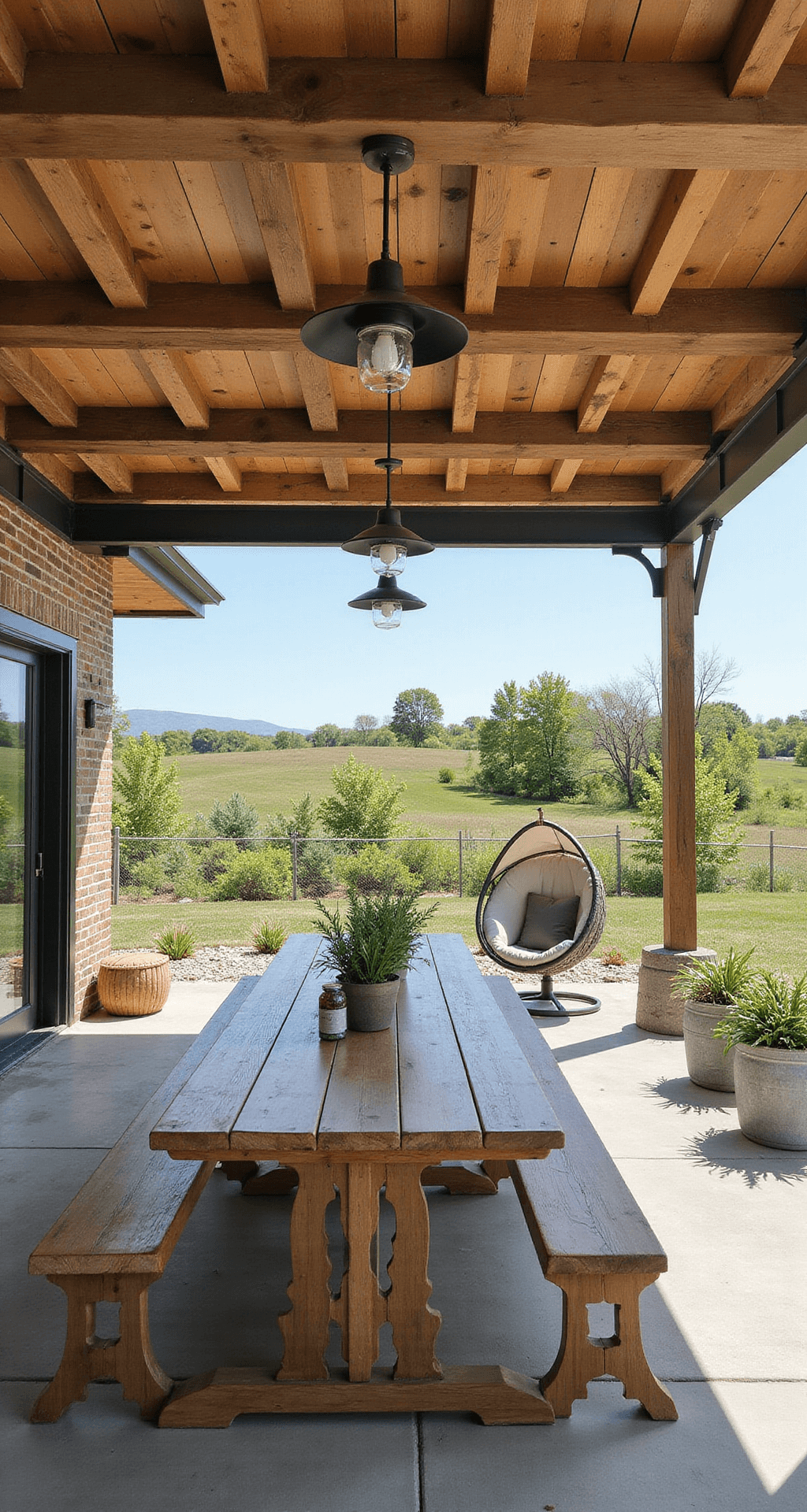 A rustic-modern farmhouse patio featuring a wooden and metal pergola with an open-beam ceiling and retractable beige canvas shade, a long reclaimed wood table seating ten, mason jar pendant lights, galvanized metal herb planters, and a swinging egg chair, all set against a pastoral landscape in bright, even lighting.