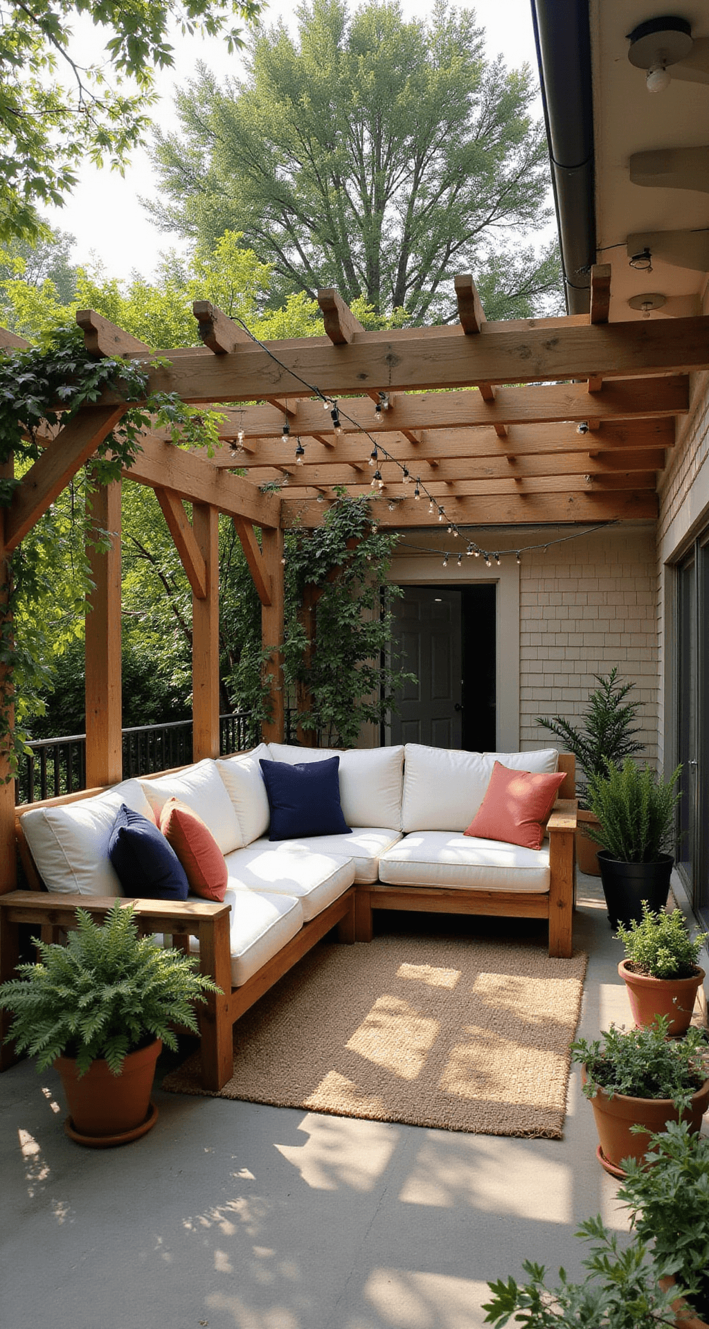 A sunlit patio with a wooden pergola, featuring a plush L-shaped sectional, weathered teak furniture, and potted ferns. Dappled shadows and string lights create a warm, inviting atmosphere, with a house facade visible in the background.