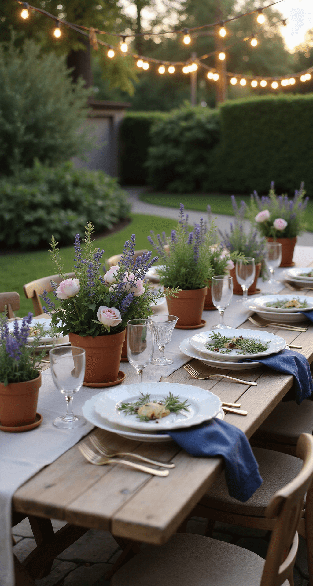 A romantic dusk garden tablescape featuring a weathered teak dining table on a stone patio, adorned with layered place settings, terracotta pots filled with English roses and lavender, scalloped cream dinnerware with fresh herbs, and indigo napkins. Overhead string lights emit a warm glow, while crystal glasses reflect the golden hour light, all captured at a 45-degree angle with dreamy bokeh and soft side lighting.
