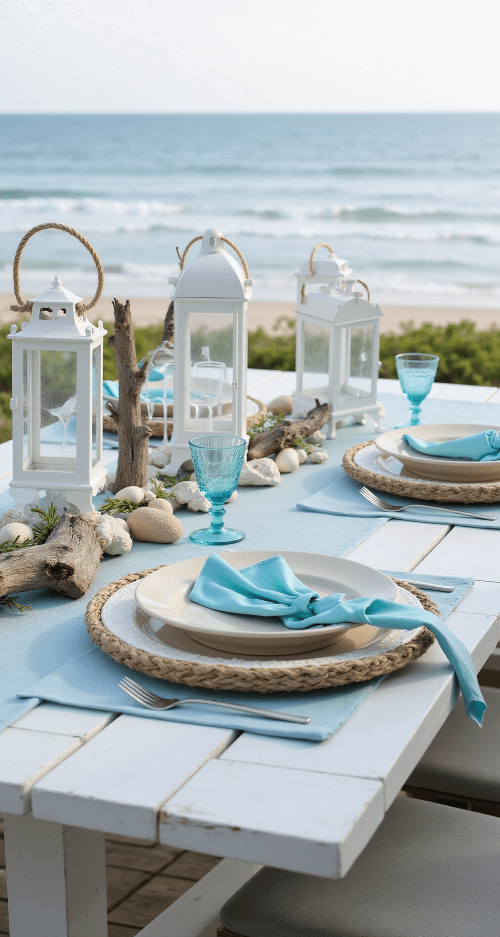 A wide-angle shot of a whitewashed table set for al fresco dining on a cedar deck by the ocean, featuring a blue gauze runner, driftwood decor, coastal melamine plates, rope-handled lanterns, bleached rattan chargers, and aqua napkins, all under clear skies and late morning light.