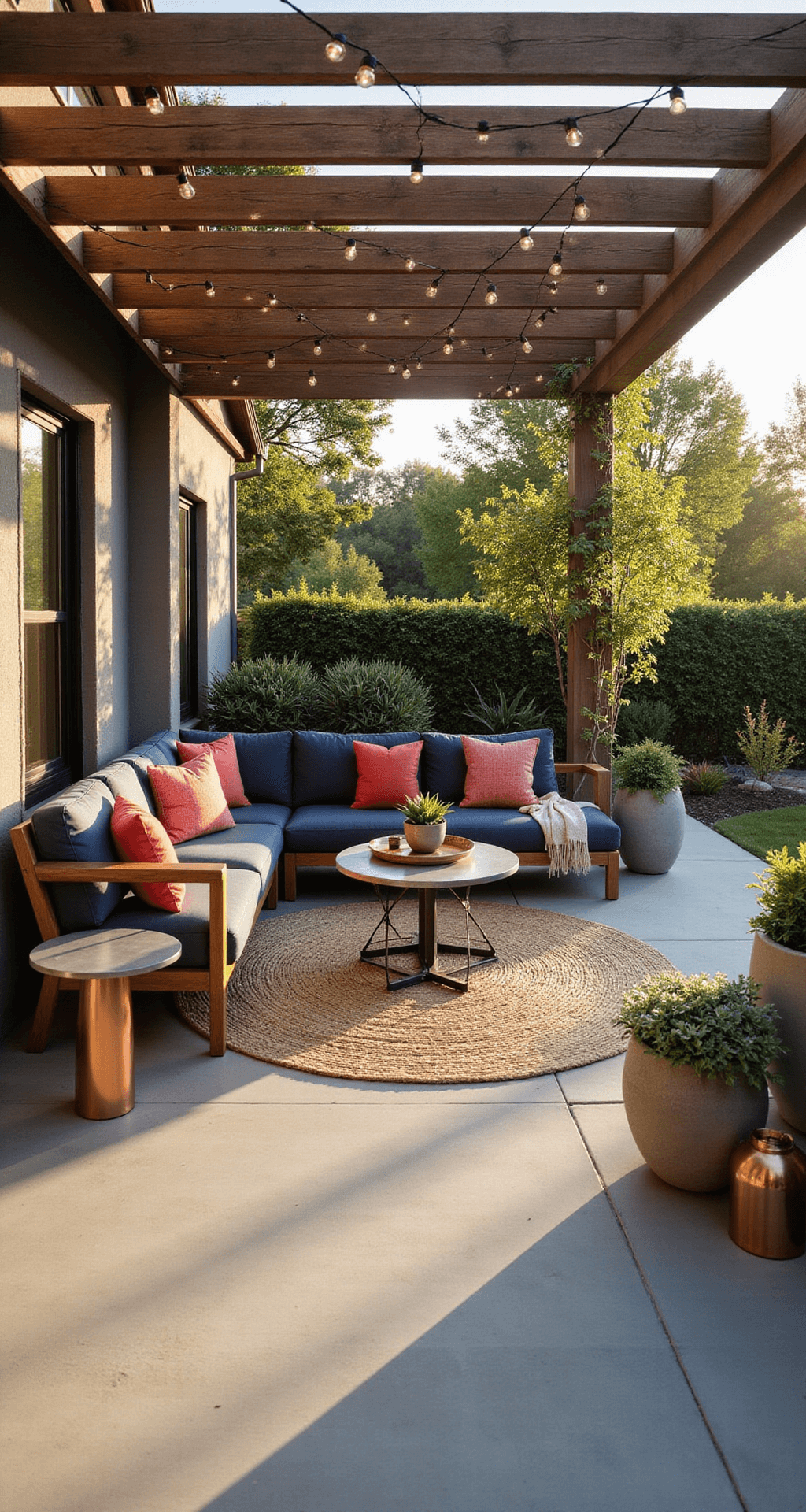 Contemporary patio with teak sectional and colorful cushions at golden hour, featuring sunlight filtering through pergola slats, mixed materials like aluminum side tables, jute rug, and concrete planters with succulents, complemented by string lights and copper lanterns.