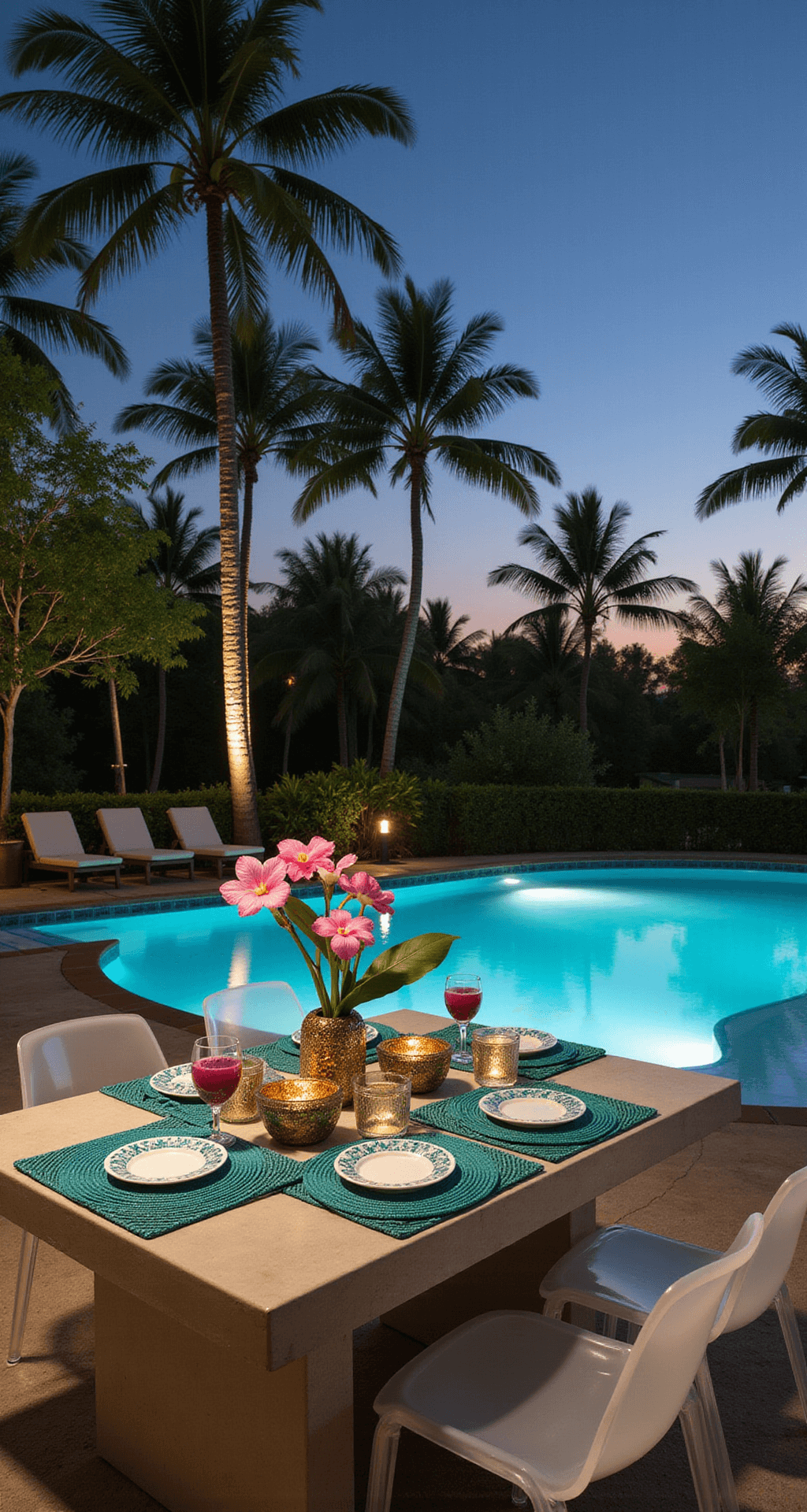 A modern poolside dinner setting featuring a concrete table next to an infinity pool at twilight, illuminated by cool LED lights. The scene includes acrylic ghost chairs, turquoise placemats, gold-rimmed white plates, and floral arrangements of monstera leaves and orchids in clear cylinders, with geometric metallic accents. The low-angle shot captures the pool's reflection, blending artificial and natural light for a contemporary luxury resort vibe.