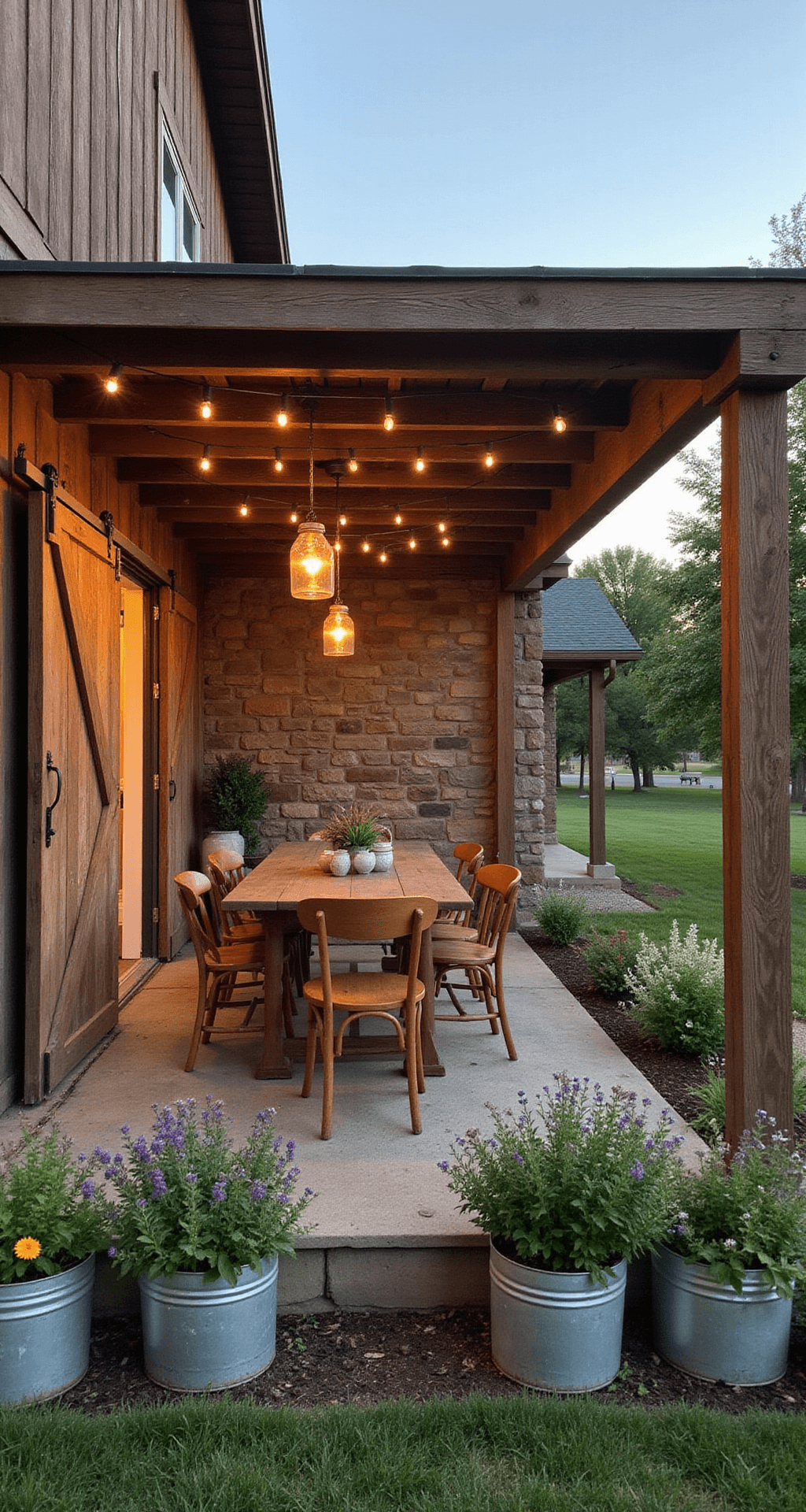 Intimate pergola attached to a rustic farmhouse, featuring reclaimed wood beams and stone columns, with a vintage table and mismatched chairs surrounded by plants, as warm evening light illuminates the cozy space.