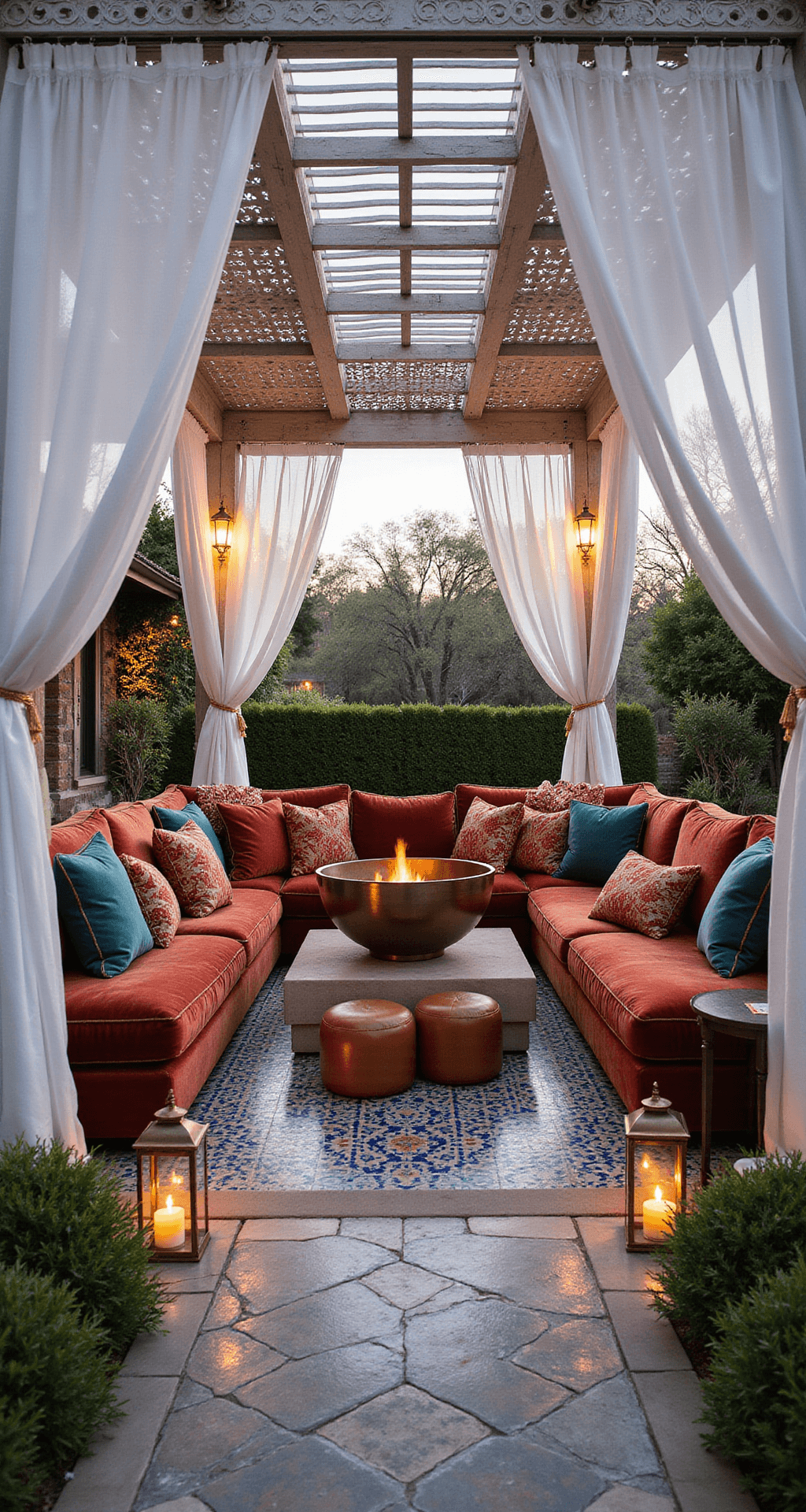 Aerial view of a luxurious Moroccan-inspired pergola with intricate white wood latticework, sheer curtains, plush seating with jewel-toned cushions, a central copper fire bowl, and mosaic tile flooring, creating an opulent retreat atmosphere.