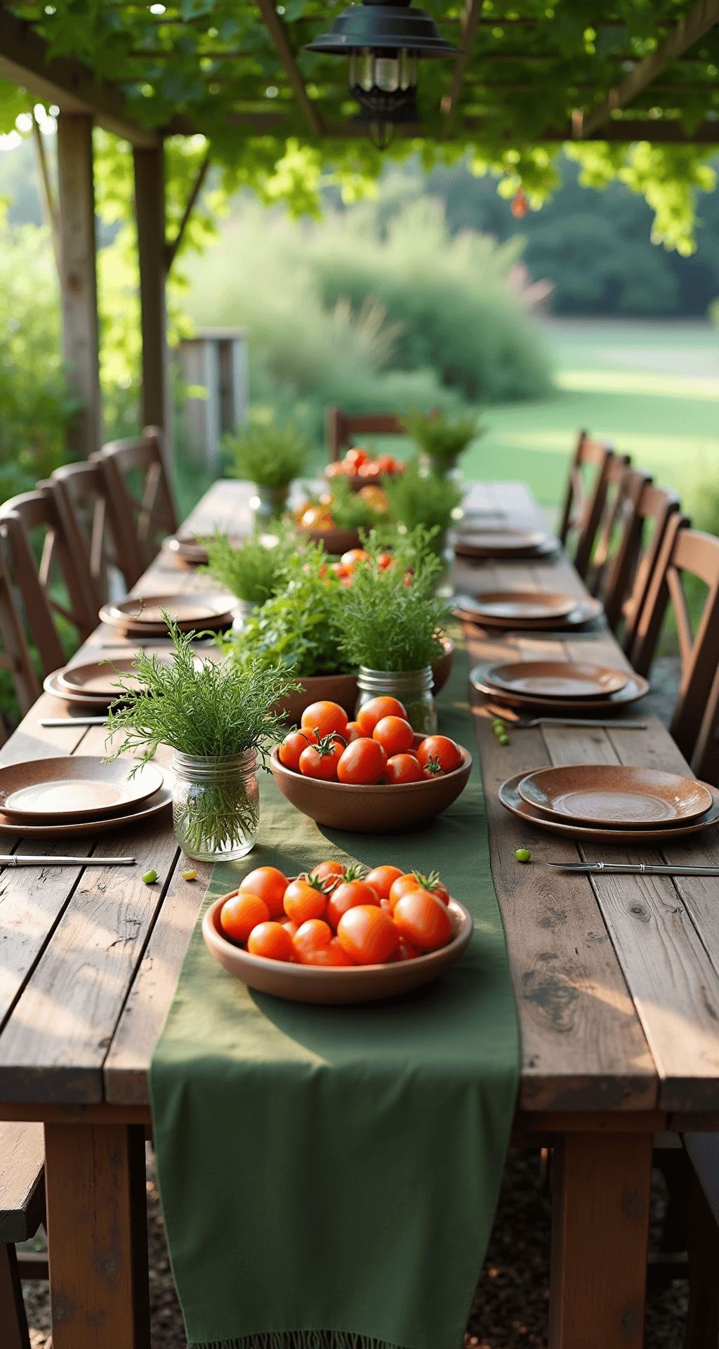 A rustic farmhouse table set under a pergola, adorned with mason jars of fresh herbs, wooden bowls of heirloom tomatoes, and vintage produce crates. Olive green linens and copper accents enhance the abundant organic charm, all illuminated by morning light filtering through grape vines.