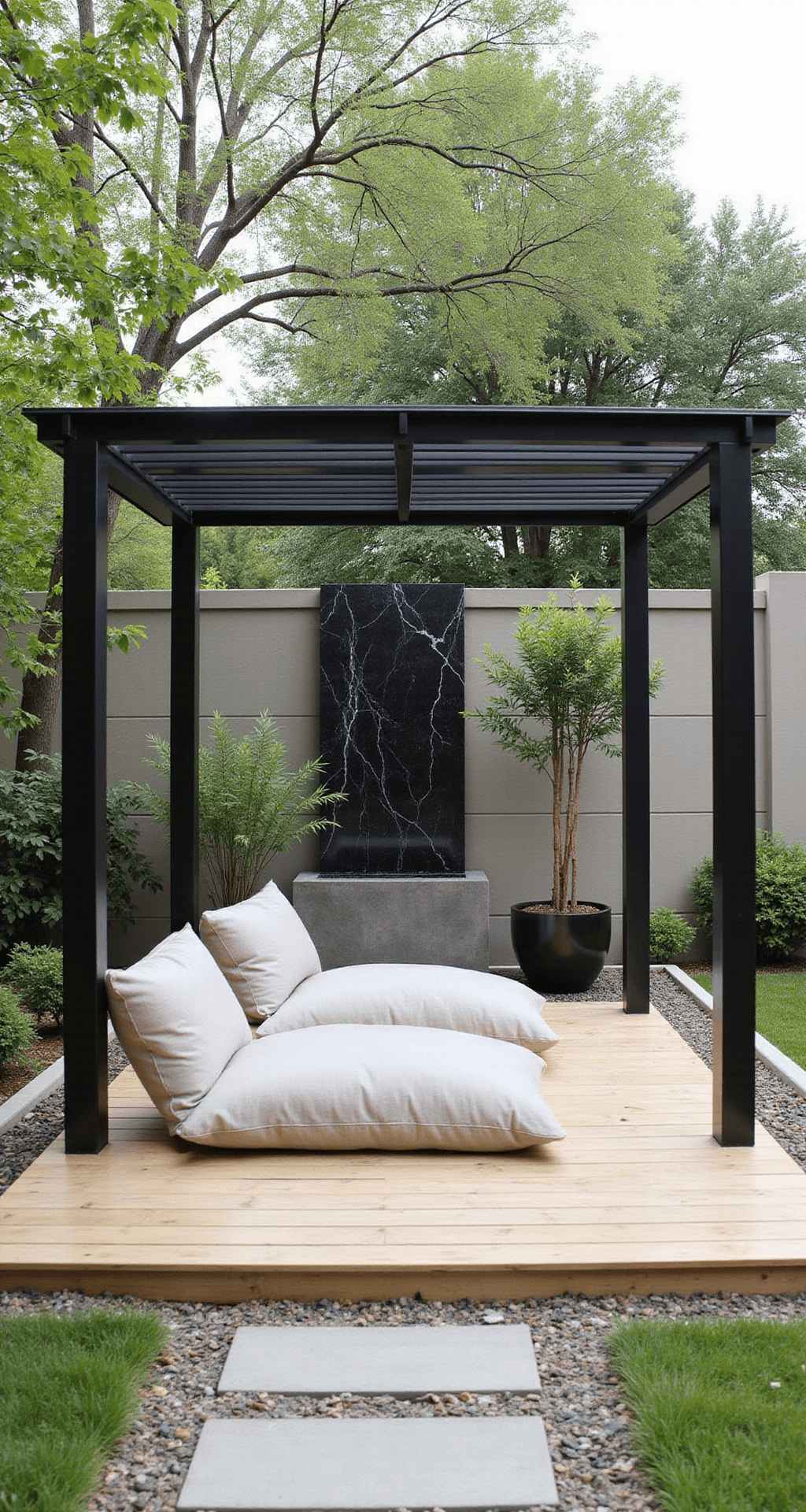 A minimalist backyard showcasing a Zen-inspired pergola with a slim black metal frame and adjustable louvers, surrounded by a light bamboo deck, oversized natural linen cushions, a black marble water feature, potted bamboo, and a pruned bonsai, all set along a smooth pebble path.