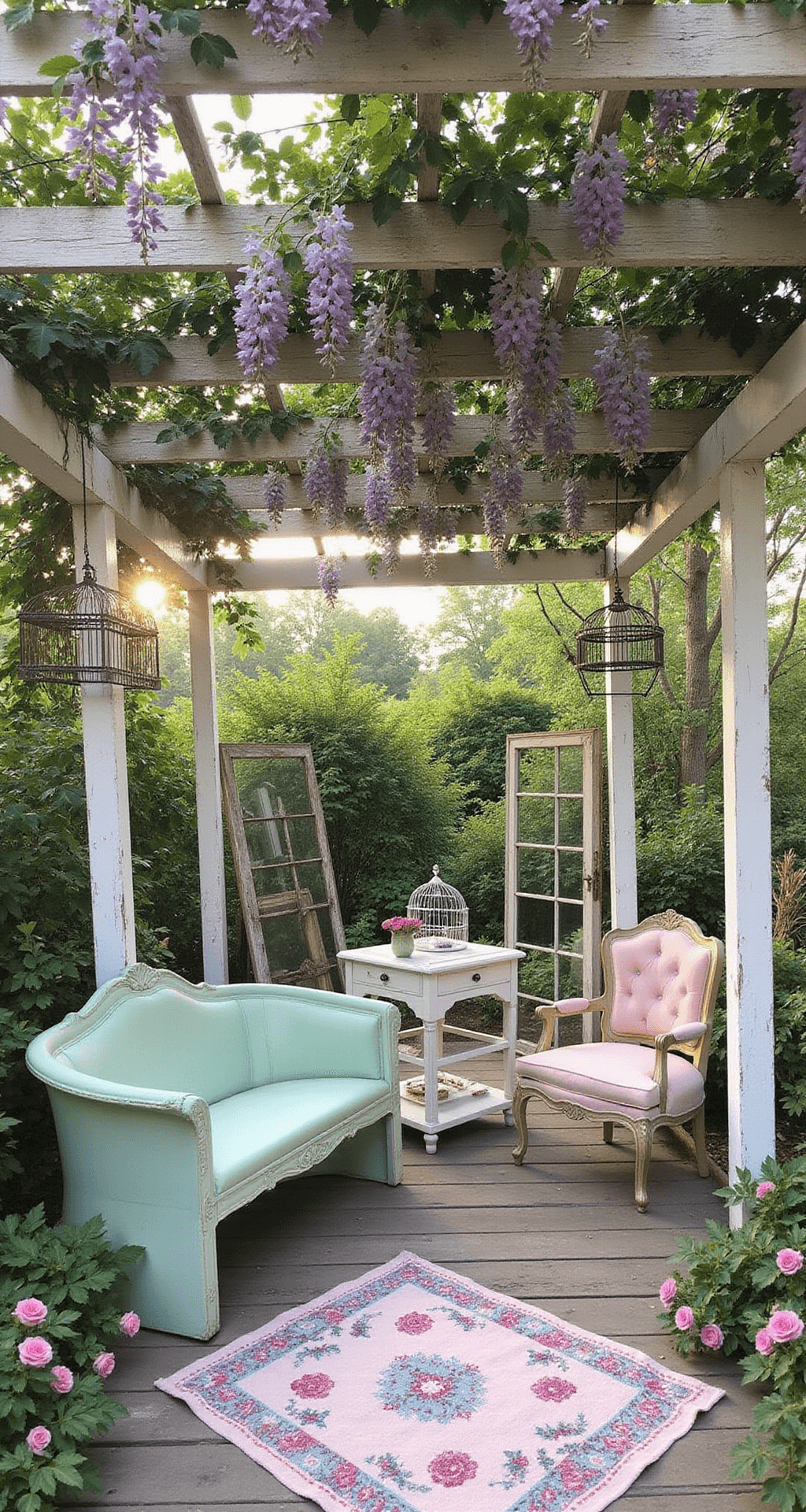 A whimsical garden room pergola with a weathered white wooden structure, draped in climbing roses and wisteria, illuminated by soft morning light. Vintage pastel furniture, including a mint green settee and blush armchair, complements layered outdoor rugs. Antique birdcages serve as planters, while old window frames lean against the posts, creating a romantic, fairytale-like atmosphere.