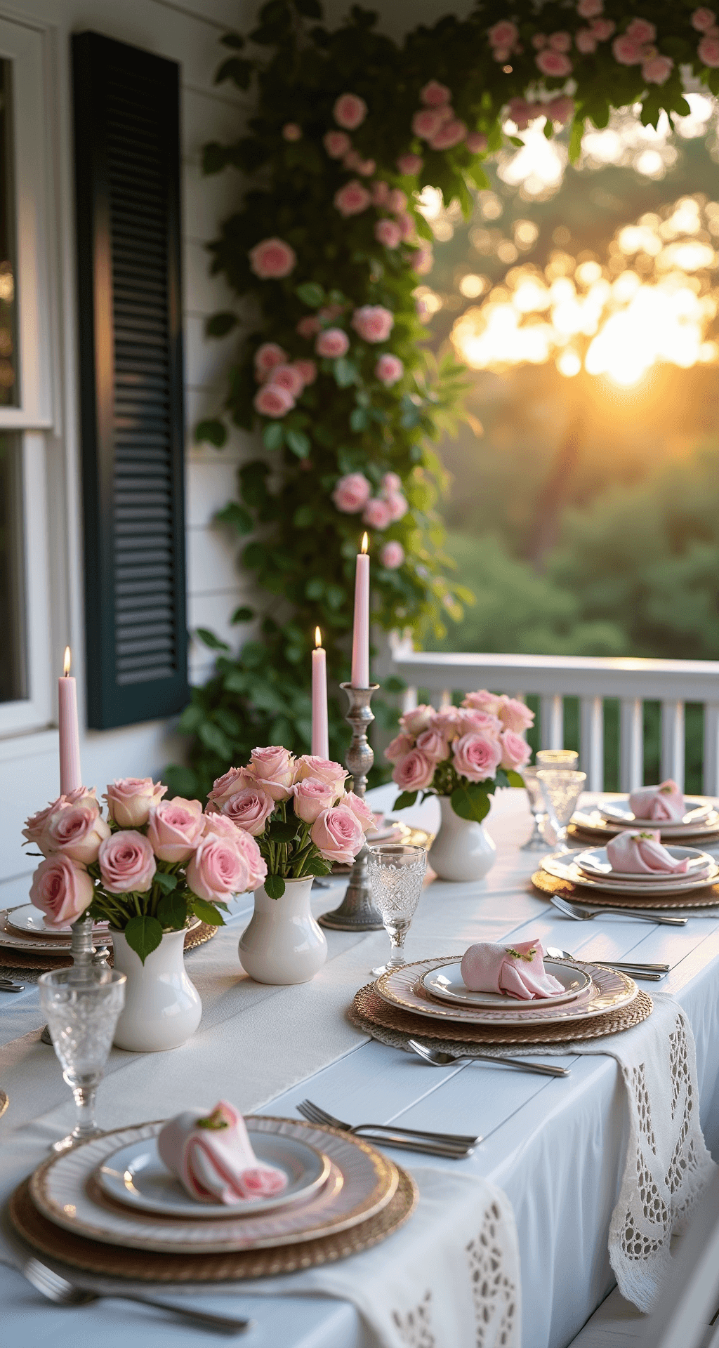A beautifully arranged Victorian wrap-around porch at sunset featuring a white painted table adorned with vintage china, crystal stemware, and silver candelabras. Climbing roses frame the scene, while blush garden roses in milk glass vases sit on an eyelet lace runner with pearl-handled flatware. The image showcases architectural details with a blend of natural and artificial light, evoking a mood of refined Southern elegance.