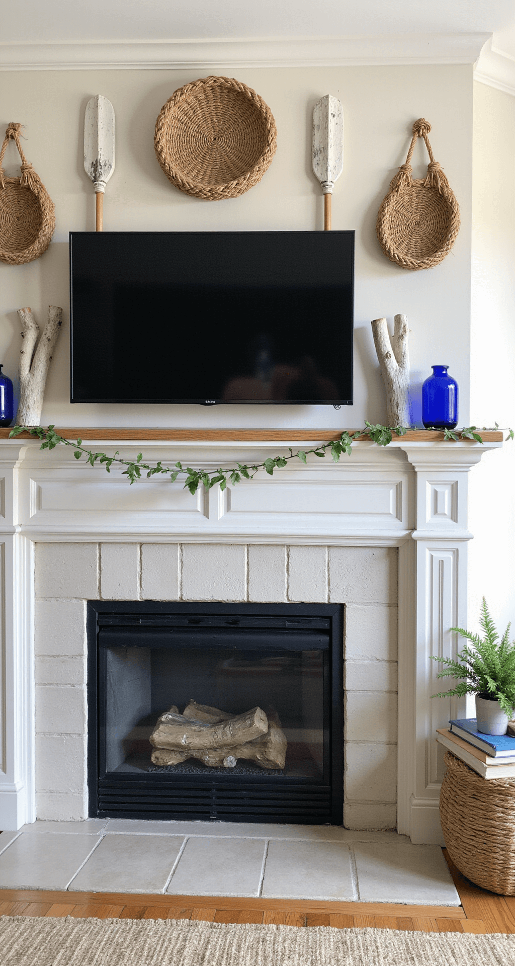 Coastal casual living room featuring a traditional fireplace with pale grey millwork, white oak mantle, and a TV above surrounded by woven grass decor and vintage oars, styled with blue glass vessels, whitewashed driftwood, and trailing jasmine vine, showcasing natural textures of rope, grass cloth, and weathered woods, captured from a corner angle.