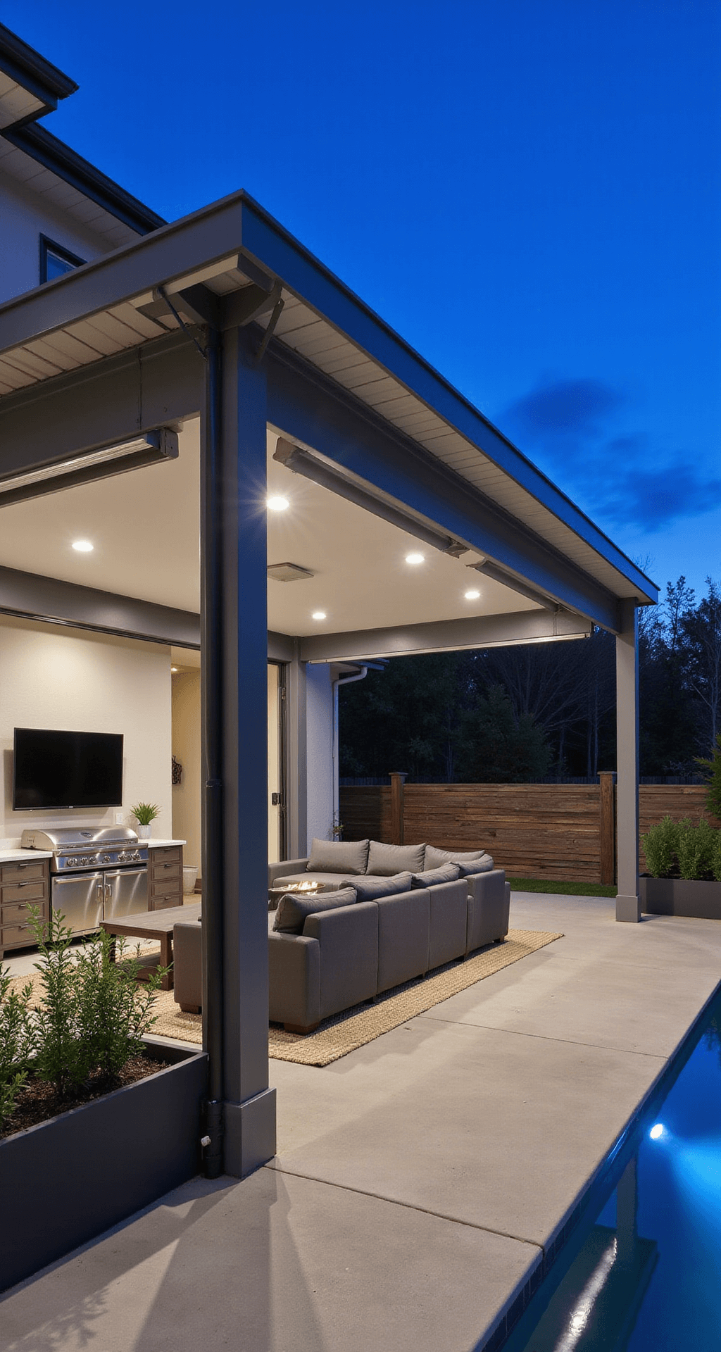 High-tech outdoor pergola entertainment zone featuring a sleek aluminum structure with motorized roof and glass sides, an outdoor kitchen with stainless steel appliances, modular seating, LED mood lighting, polished concrete flooring with a fire feature, and a herb garden, all illuminated under the twilight sky with a pool in the background.