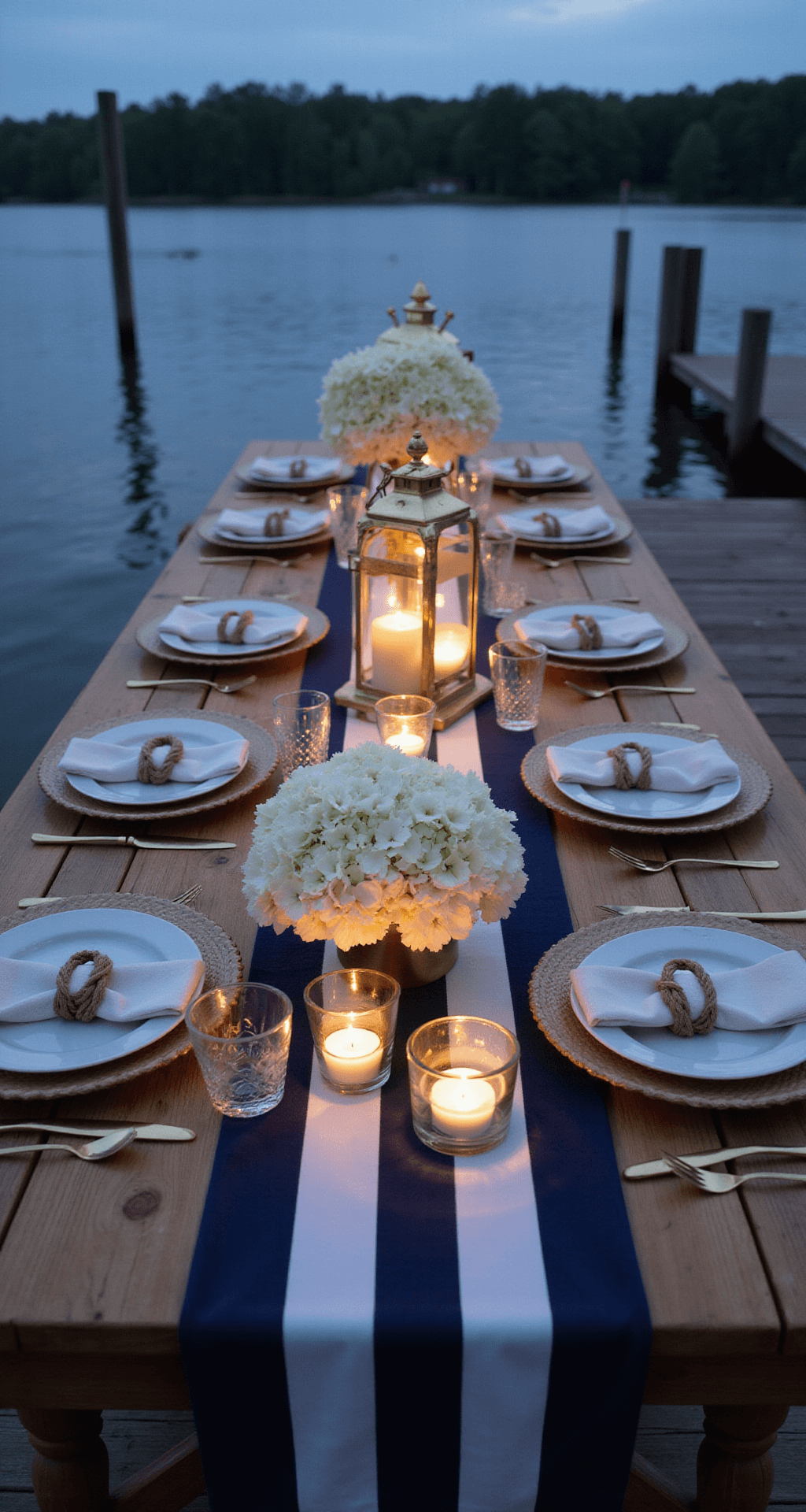 A long farm table set for a waterfront dinner party on a wooden dock, adorned with a navy and white striped runner, brass lanterns, and white hydrangeas in clear glass cylinders. Floating candles add a soft glow, and maritime-inspired dinnerware with knotted napkin rings enhance the nautical theme. The scene captures a warm, inviting atmosphere during the blue hour, with reflections shimmering on the water beneath a natural evening light.
